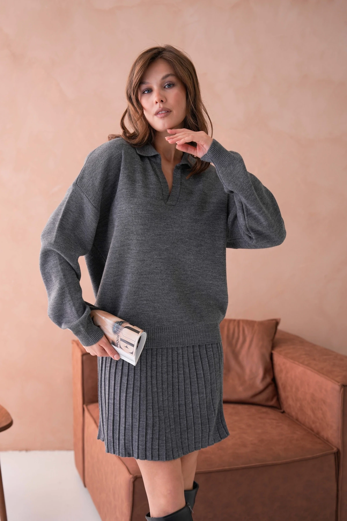 Kadın Polo Yaka Düşük Kol Kazak Kısa Etek İkili Triko Takım