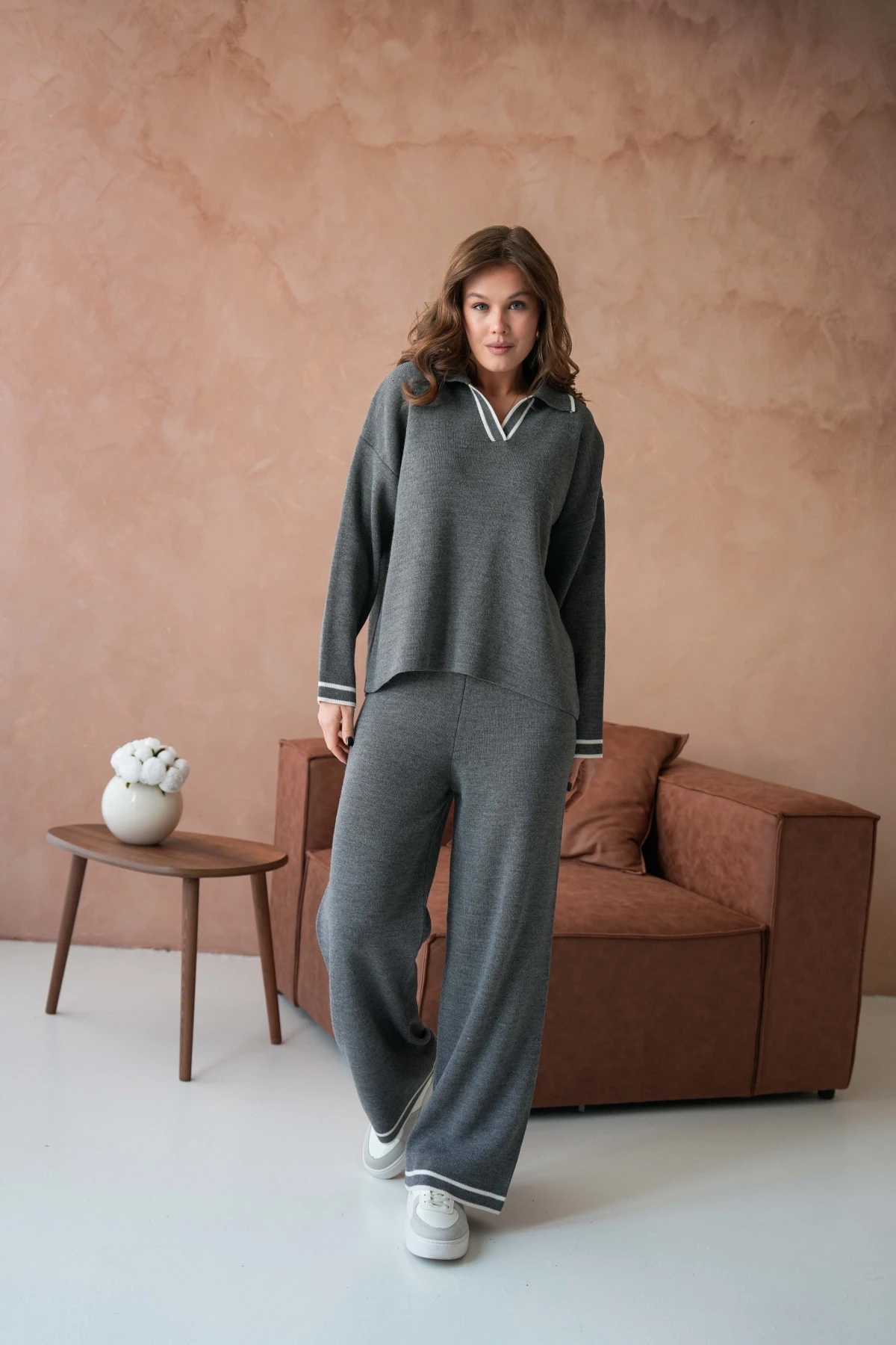 Kadın Polo Yaka Düşük Kol Kazak Pantolo İkili Triko Takım