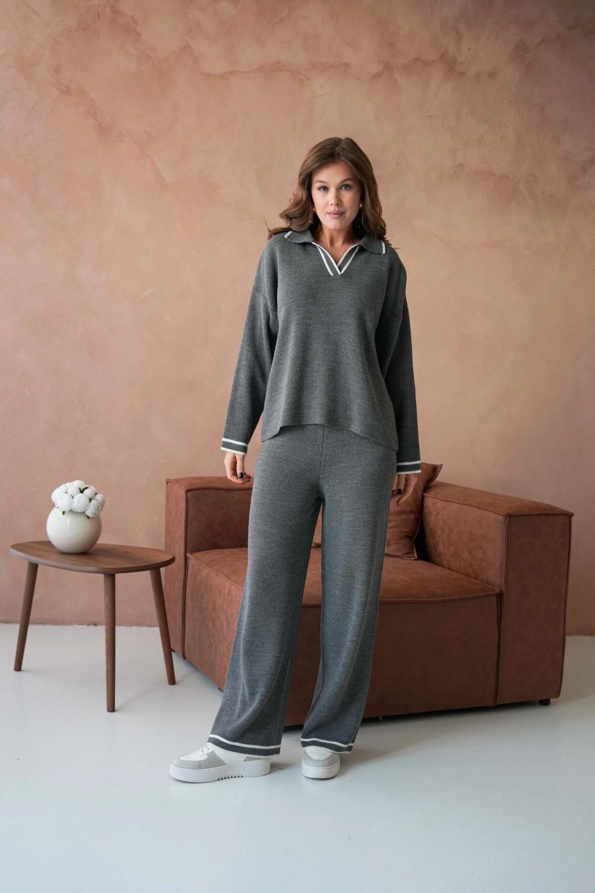 Kadın Polo Yaka Düşük Kol Kazak Pantolo İkili Triko Takım