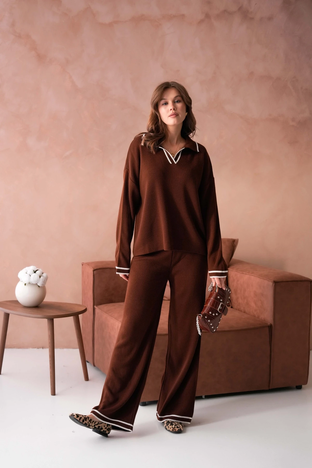 Kadın Polo Yaka Düşük Kol Kazak Pantolo İkili Triko Takım