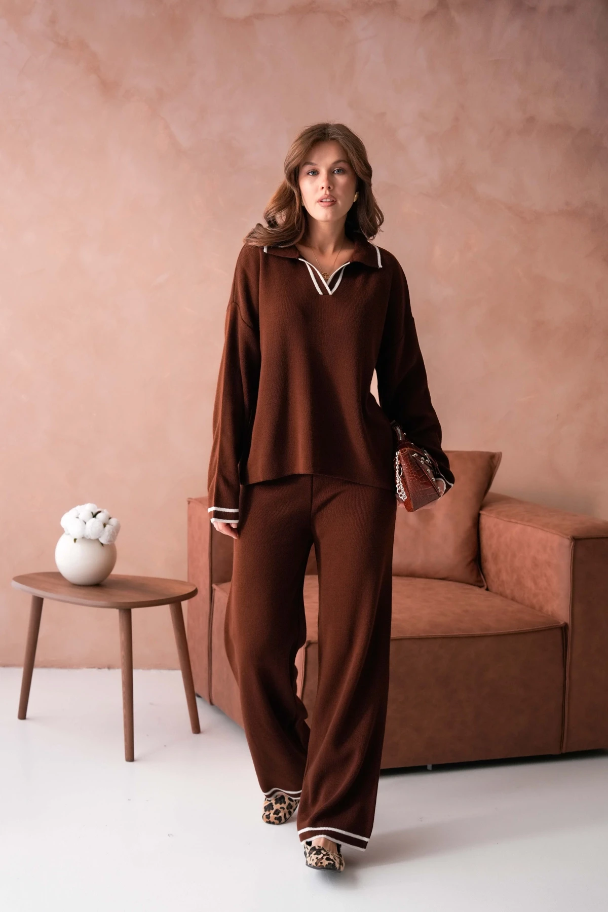 Kadın Polo Yaka Düşük Kol Kazak Pantolo İkili Triko Takım