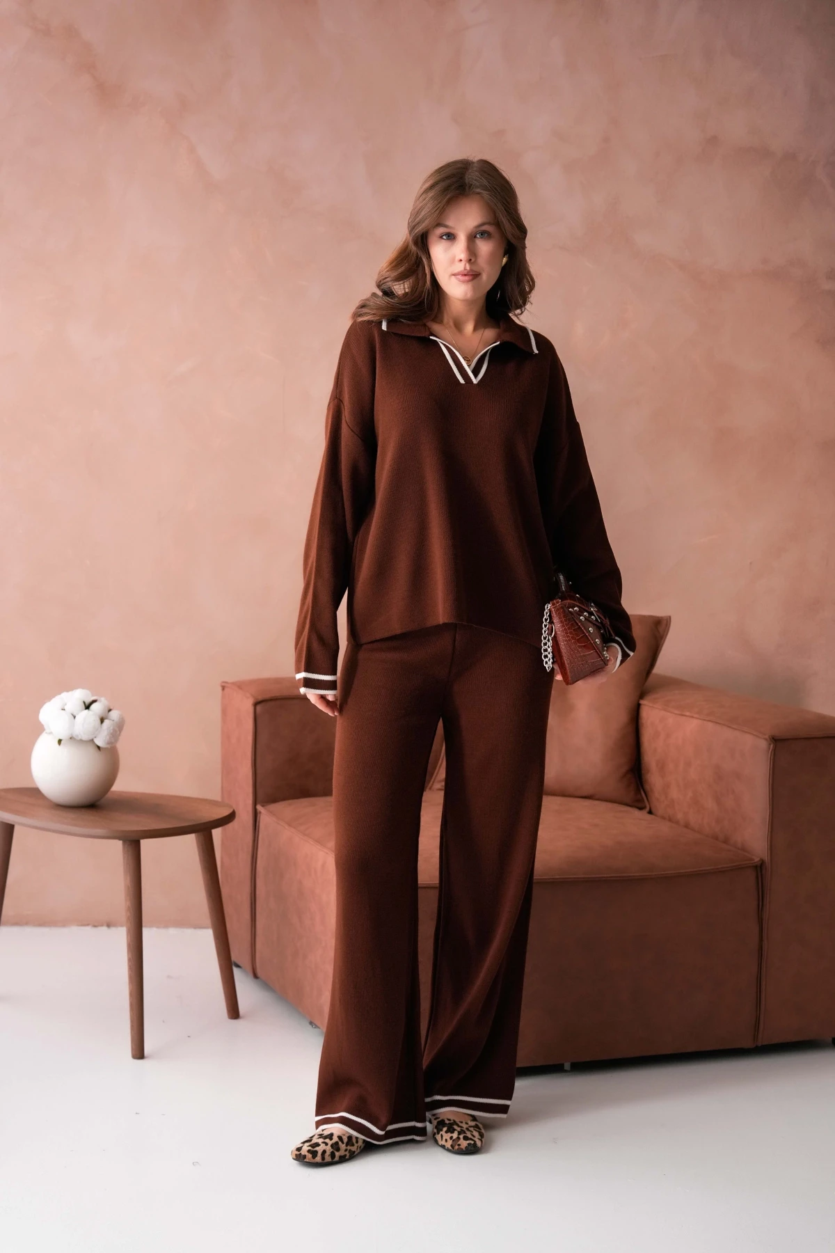 Kadın Polo Yaka Düşük Kol Kazak Pantolo İkili Triko Takım