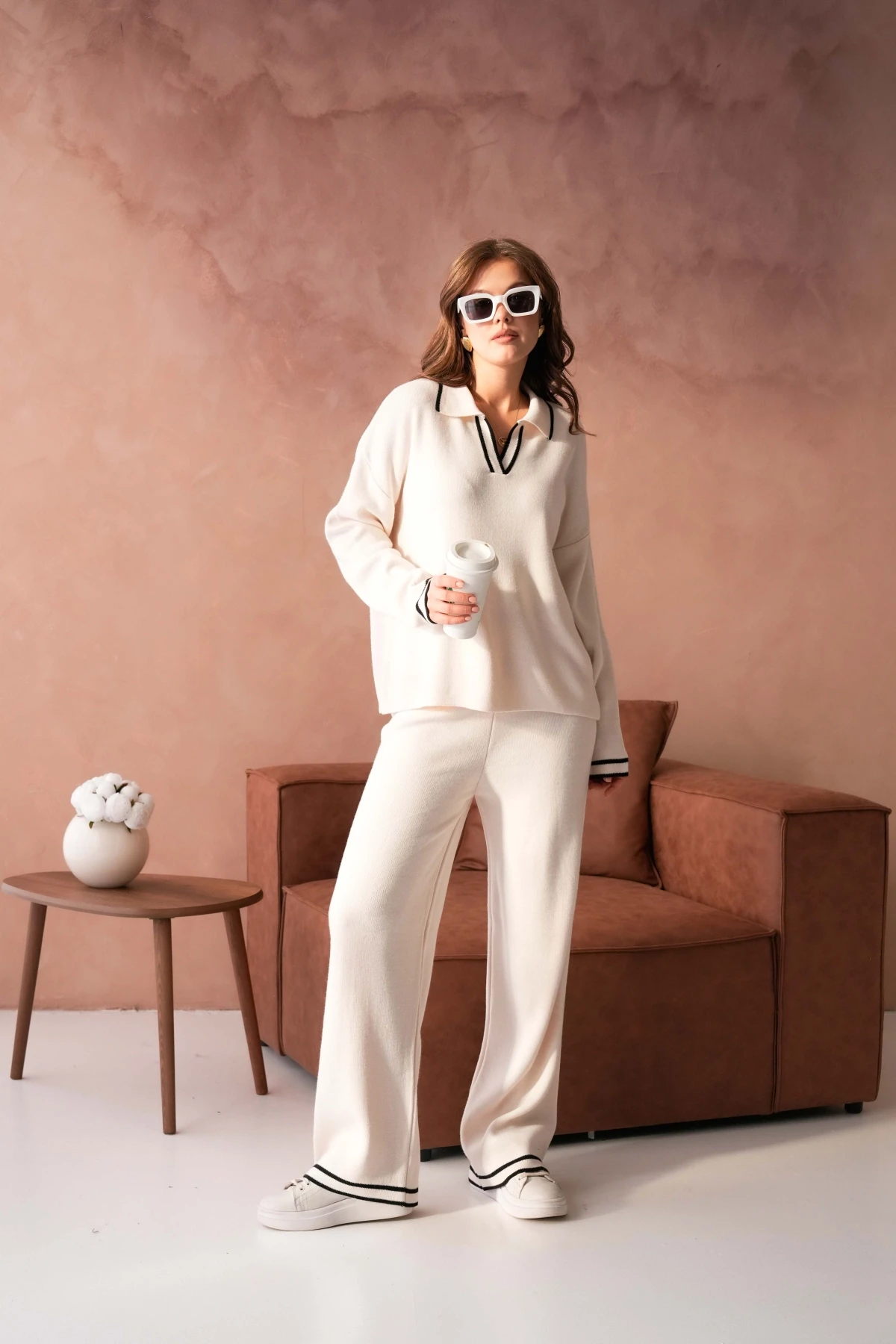 Kadın Polo Yaka Düşük Kol Kazak Pantolo İkili Triko Takım