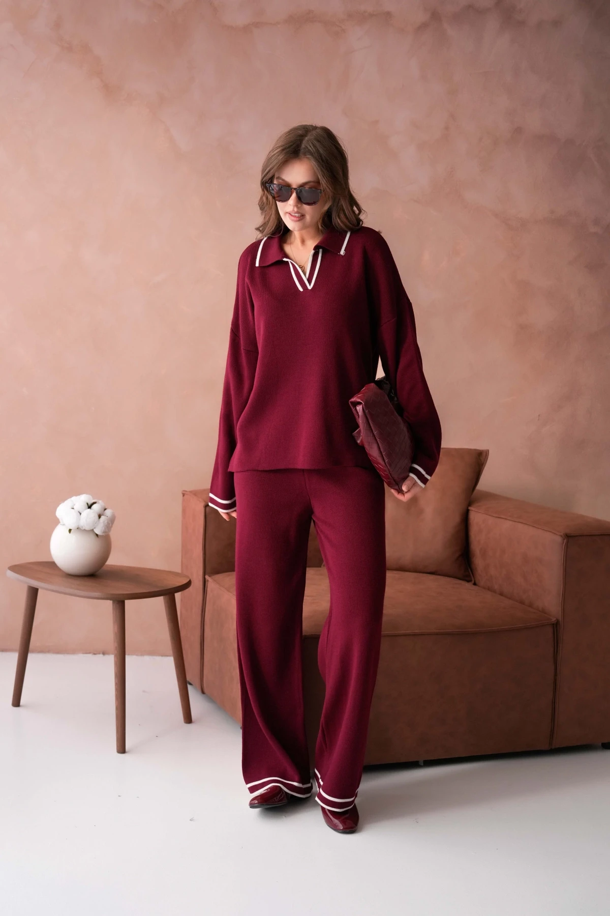 Kadın Polo Yaka Düşük Kol Kazak Pantolo İkili Triko Takım