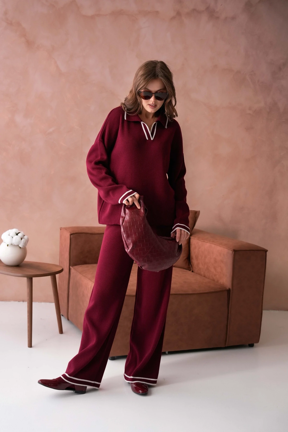 Kadın Polo Yaka Düşük Kol Kazak Pantolo İkili Triko Takım