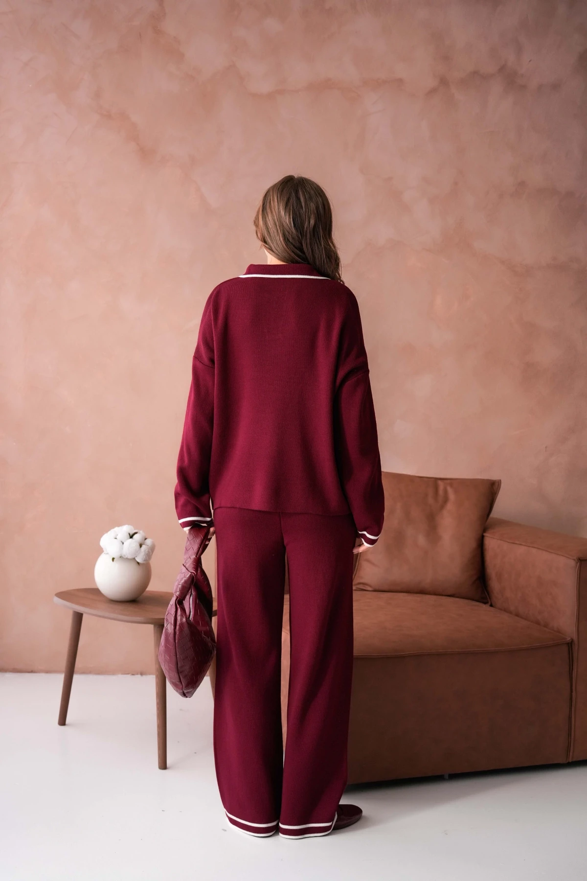 Kadın Polo Yaka Düşük Kol Kazak Pantolo İkili Triko Takım