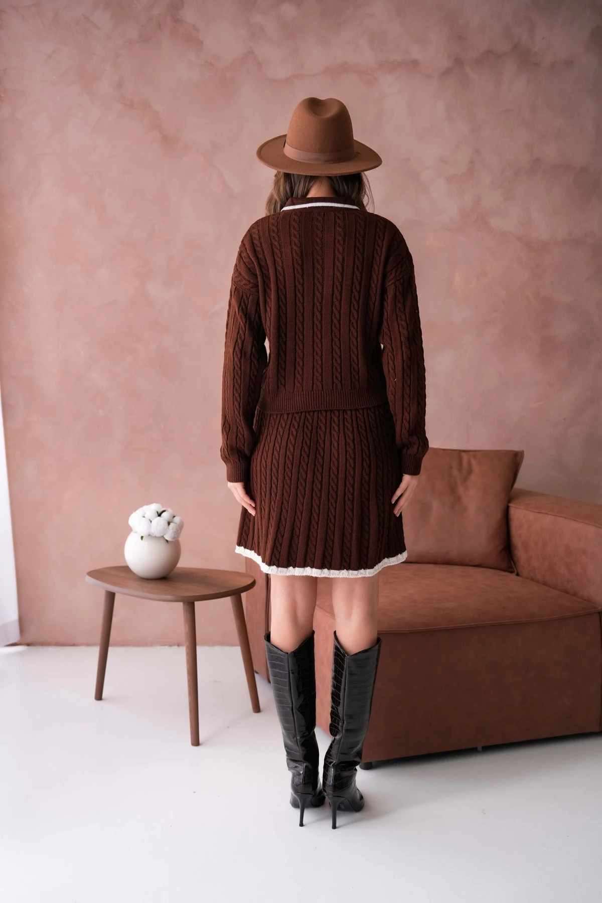 Kadın Polo Yaka Örgü Detay Etekli İkili Triko Takım