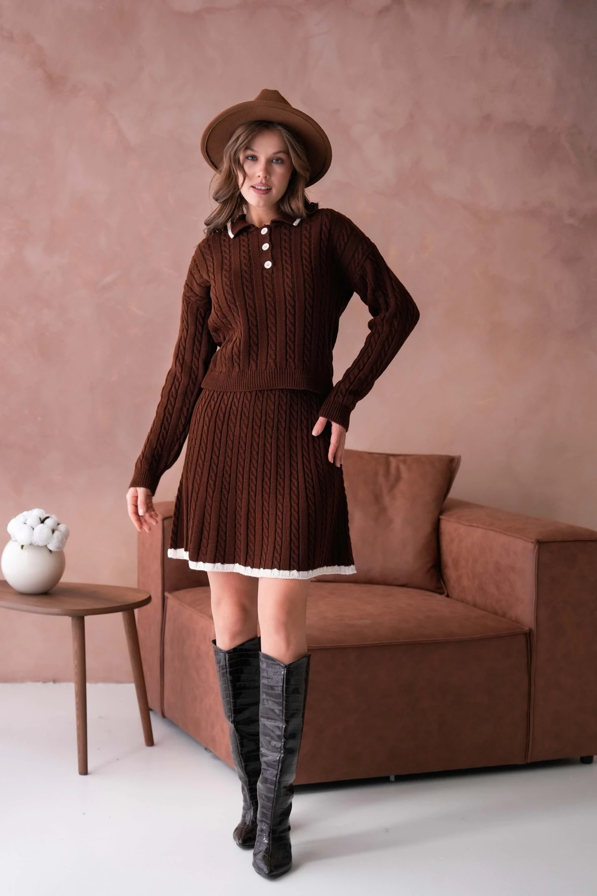 Kadın Polo Yaka Örgü Detay Etekli İkili Triko Takım