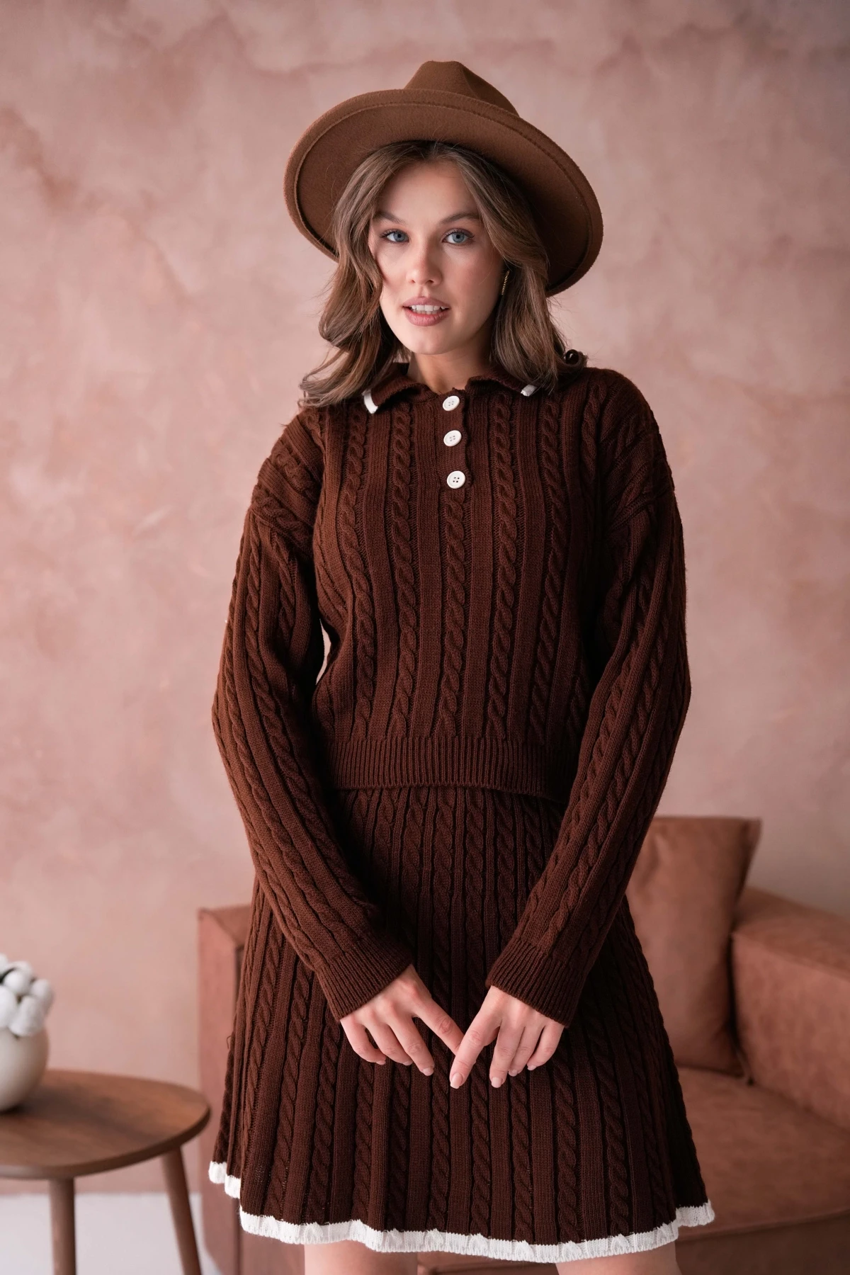 Kadın Polo Yaka Örgü Detay Etekli İkili Triko Takım