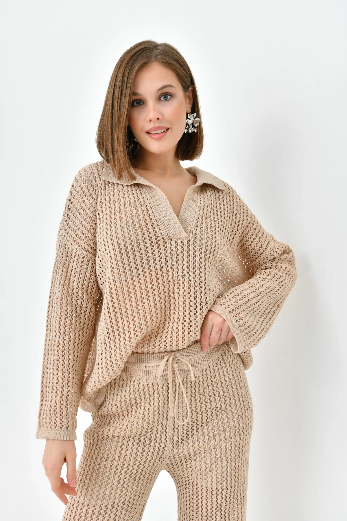 Kadın Polo Yaka Örgü Detay Kazak Astarlı Pantolon İkili Triko Takım