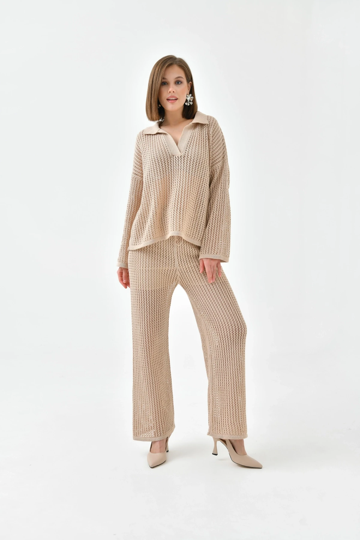 Kadın Polo Yaka Örgü Detay Kazak Astarlı Pantolon İkili Triko Takım