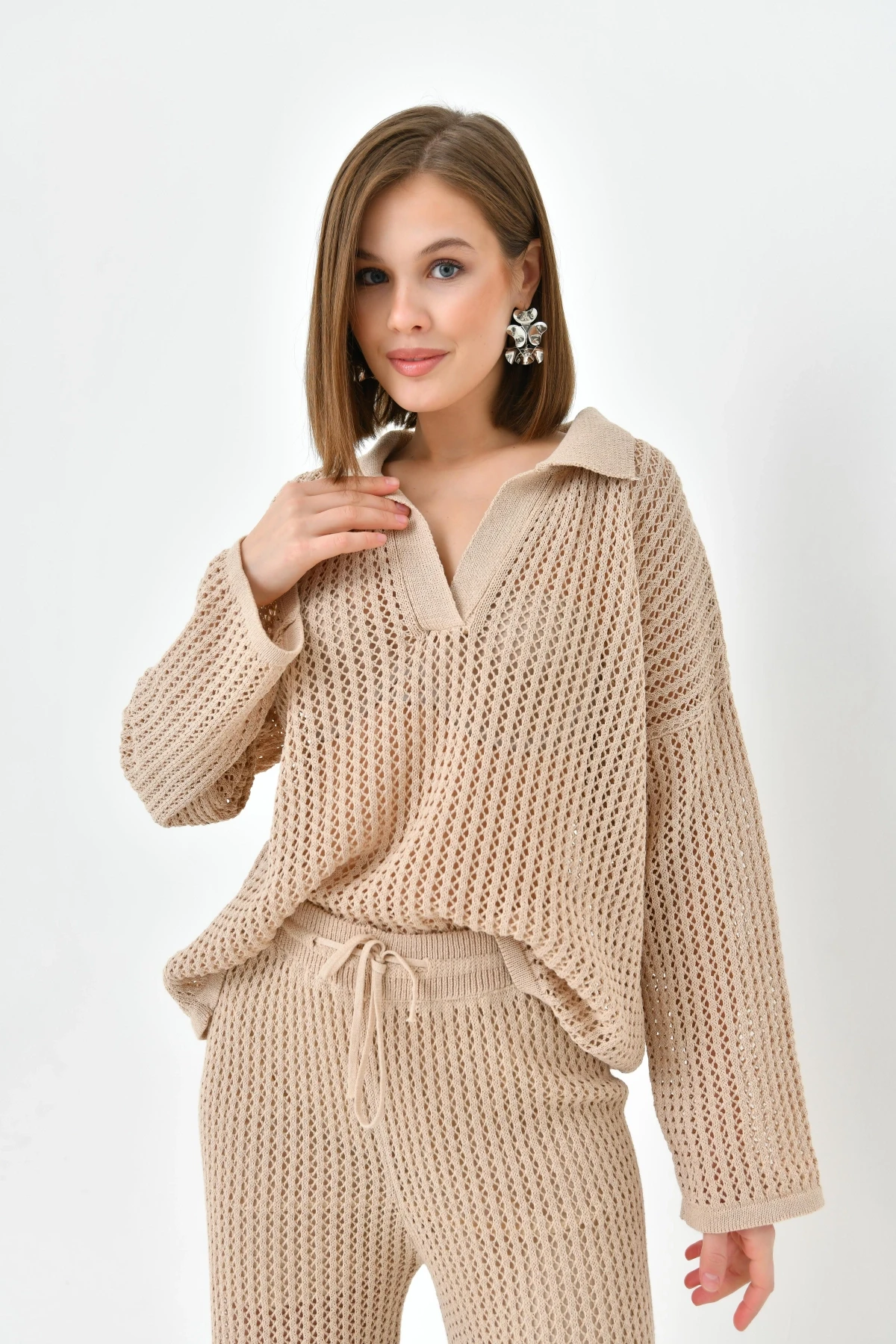 Kadın Polo Yaka Örgü Detay Kazak Astarlı Pantolon İkili Triko Takım