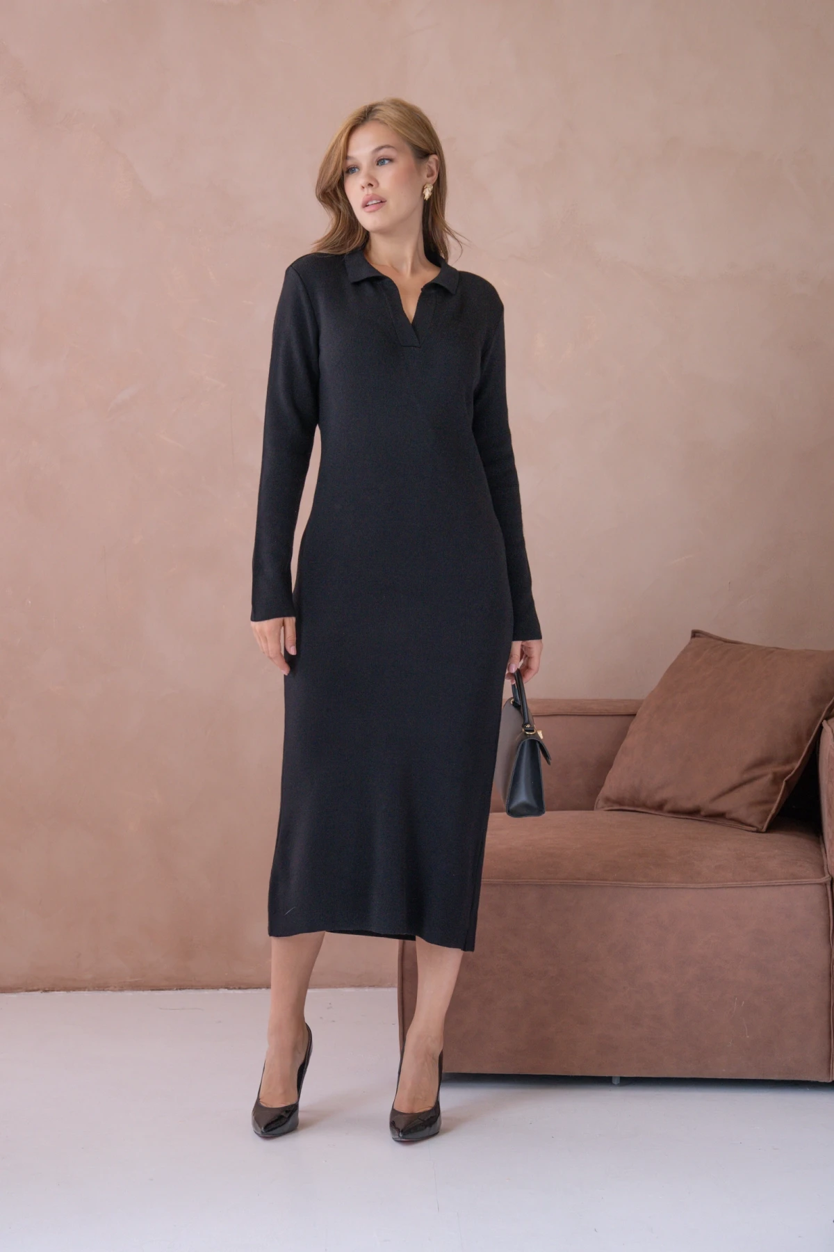 Kadın Polo Yaka Yamuşak Dokulu Maksi Boy Triko Elbise