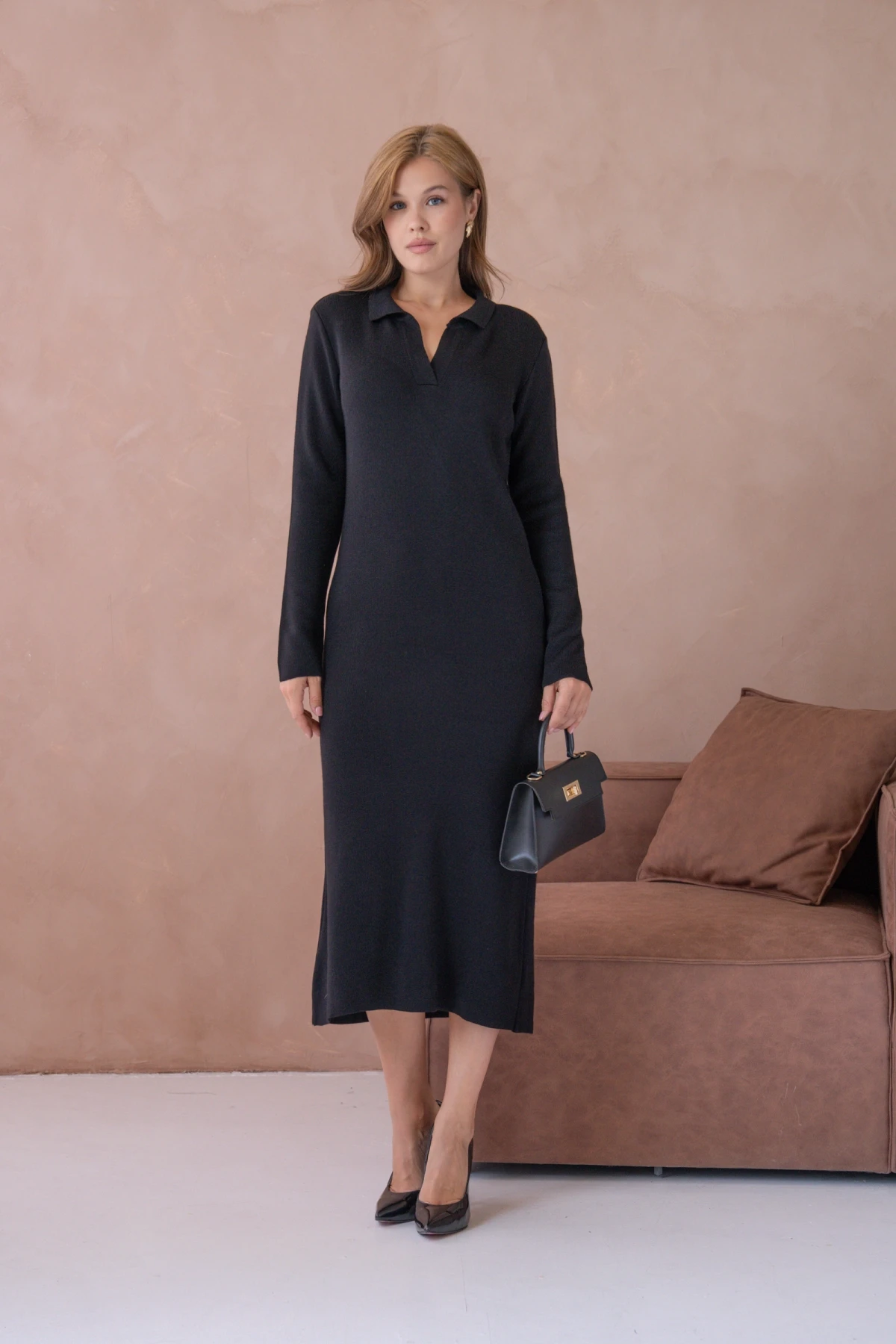 Kadın Polo Yaka Yamuşak Dokulu Maksi Boy Triko Elbise