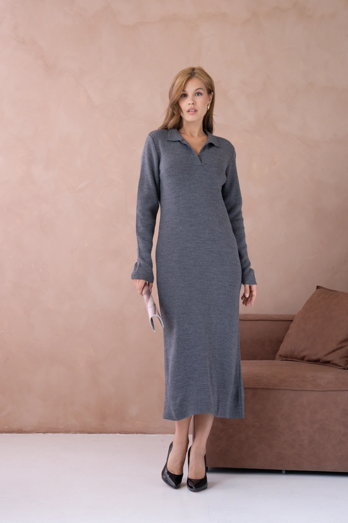 Kadın Polo Yaka Yamuşak Dokulu Maksi Boy Triko Elbise