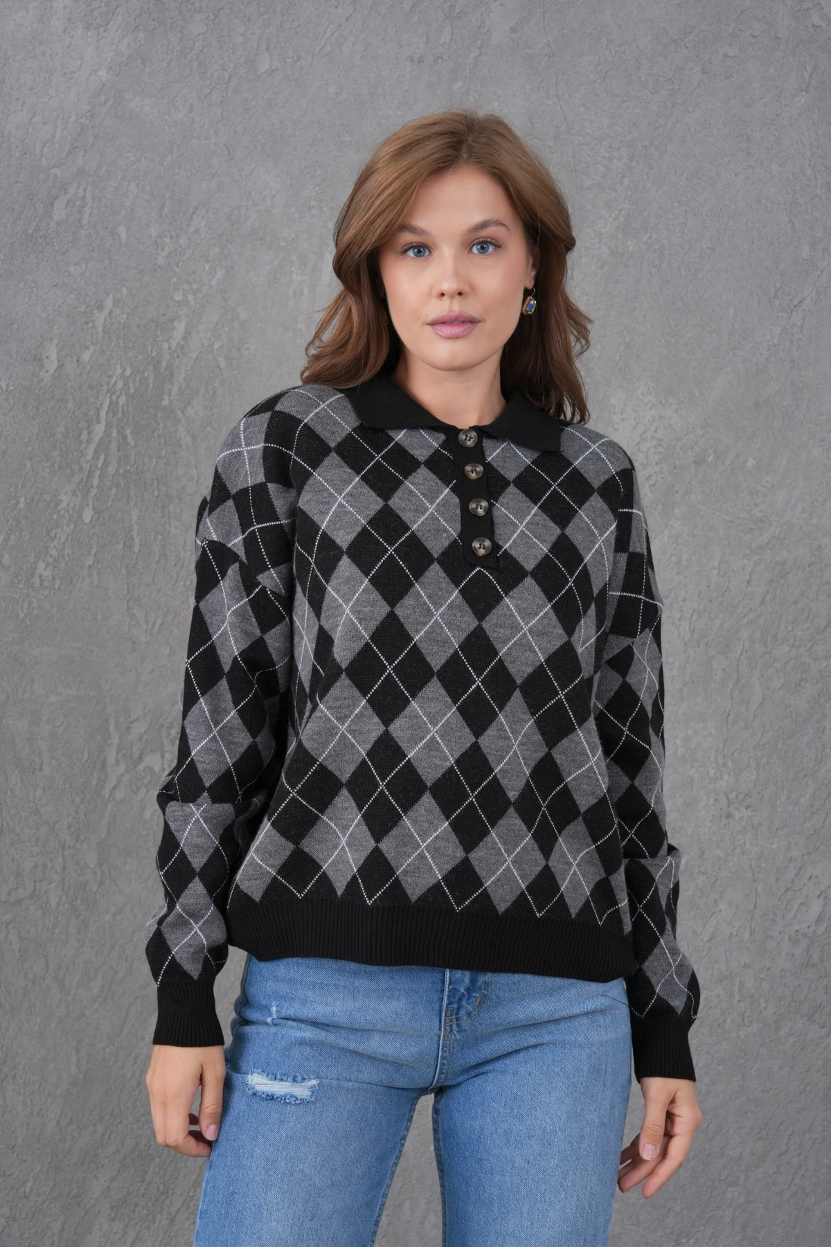 Kadın Polo Yaka Yarım Pat Düğme Detay Desenli Oversize Triko Kazak