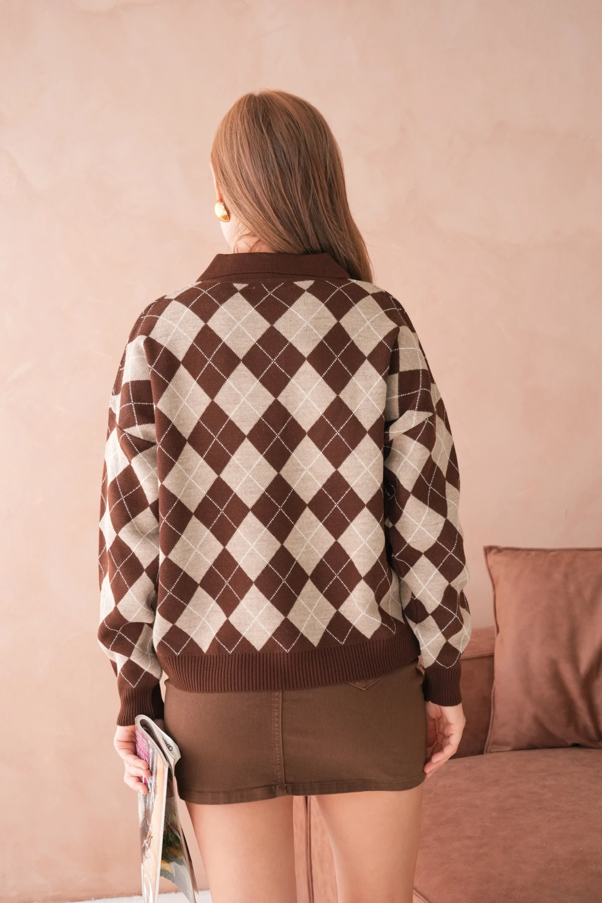 Kadın Polo Yaka Yarım Pat Düğme Detay Desenli Oversize Triko Kazak