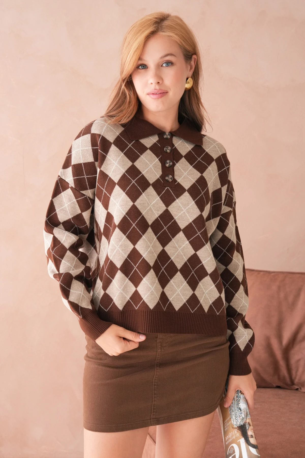 Kadın Polo Yaka Yarım Pat Düğme Detay Desenli Oversize Triko Kazak