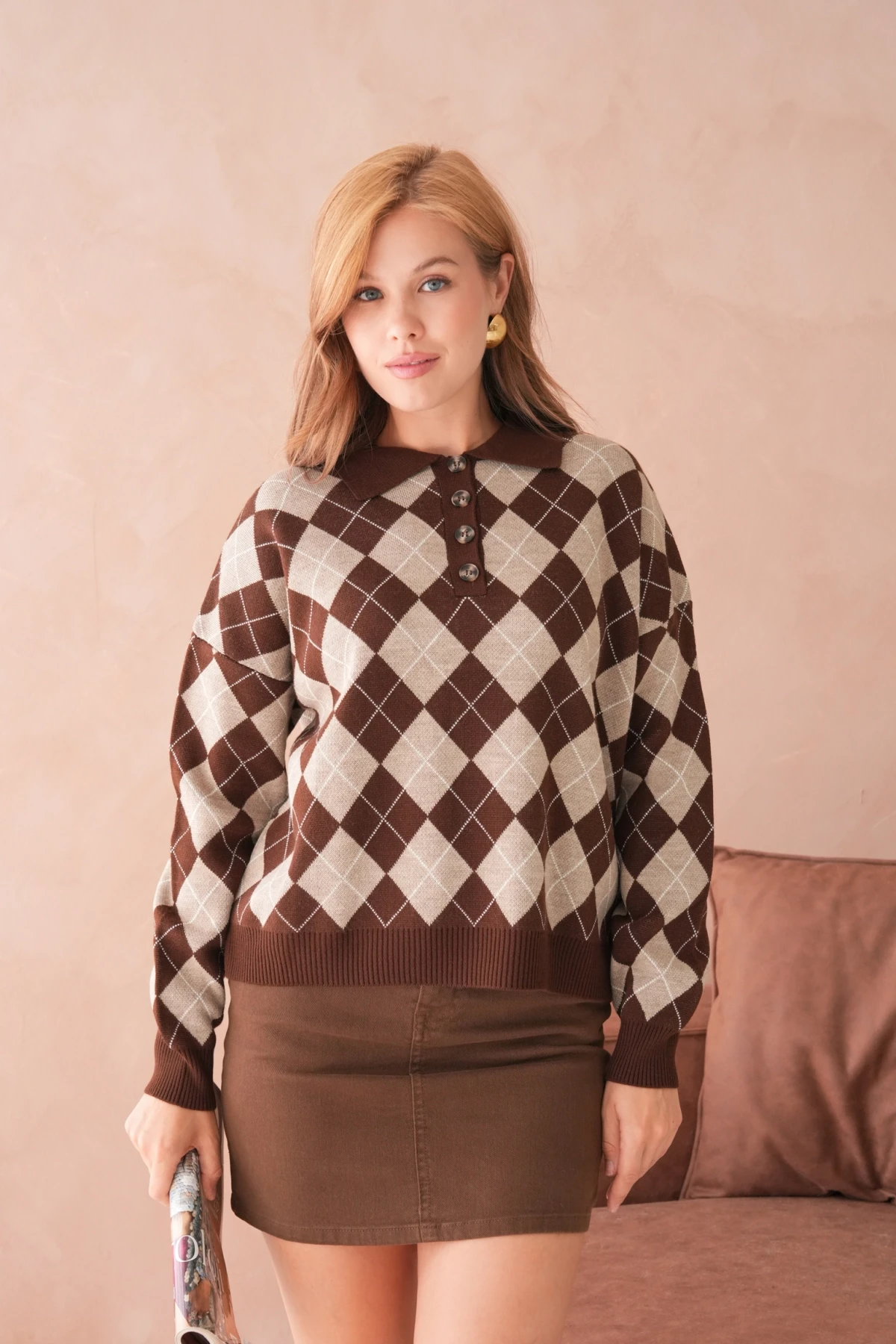 Kadın Polo Yaka Yarım Pat Düğme Detay Desenli Oversize Triko Kazak