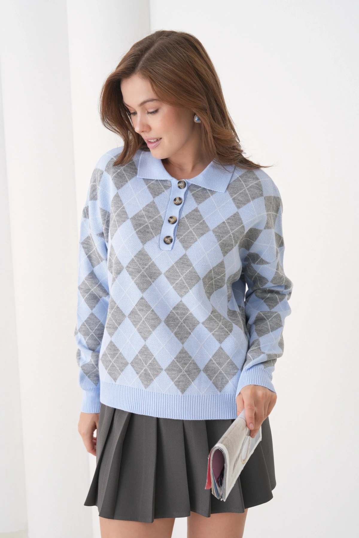 Kadın Polo Yaka Yarım Pat Düğme Detay Desenli Oversize Triko Kazak