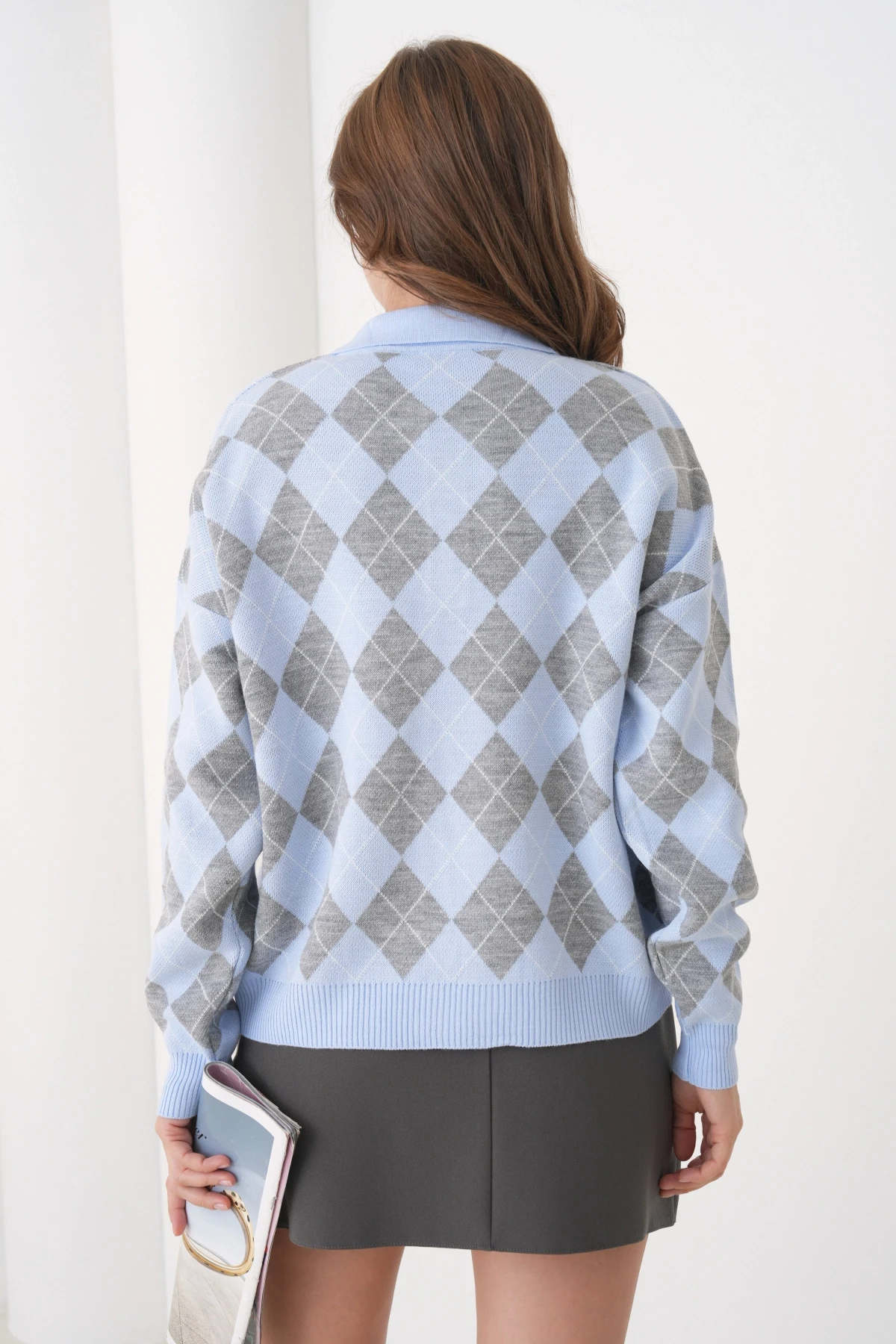 Kadın Polo Yaka Yarım Pat Düğme Detay Desenli Oversize Triko Kazak