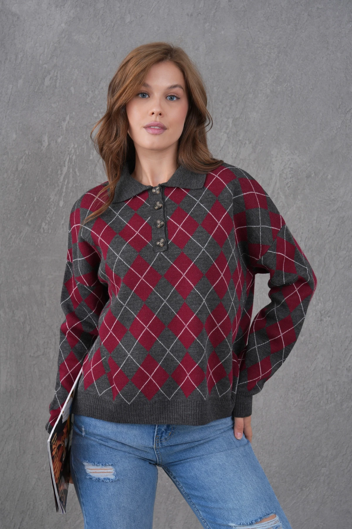 Kadın Polo Yaka Yarım Pat Düğme Detay Desenli Oversize Triko Kazak