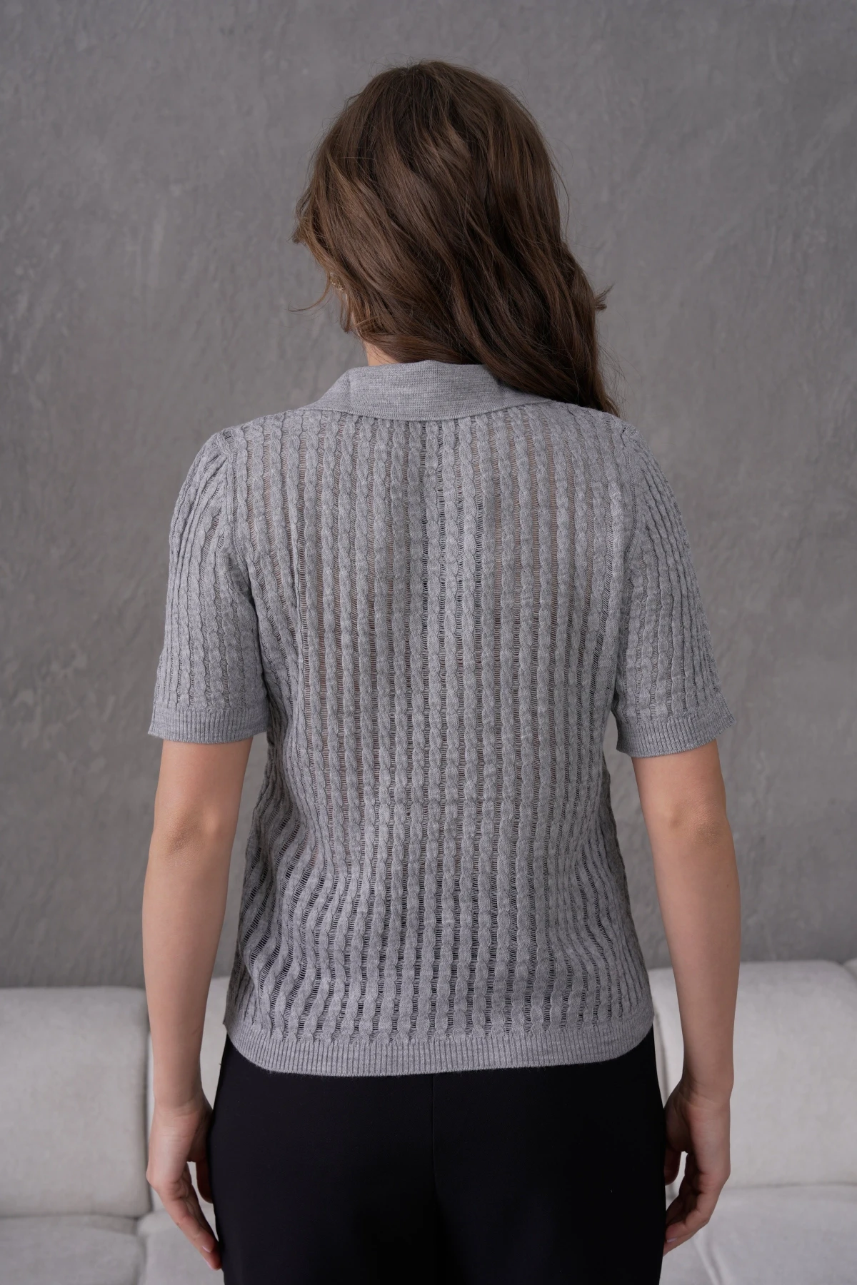 Kadın Polo Yaka Yarım Pat Düğme Kapama Ajurlu Kısa Kol Triko Kazak 10645