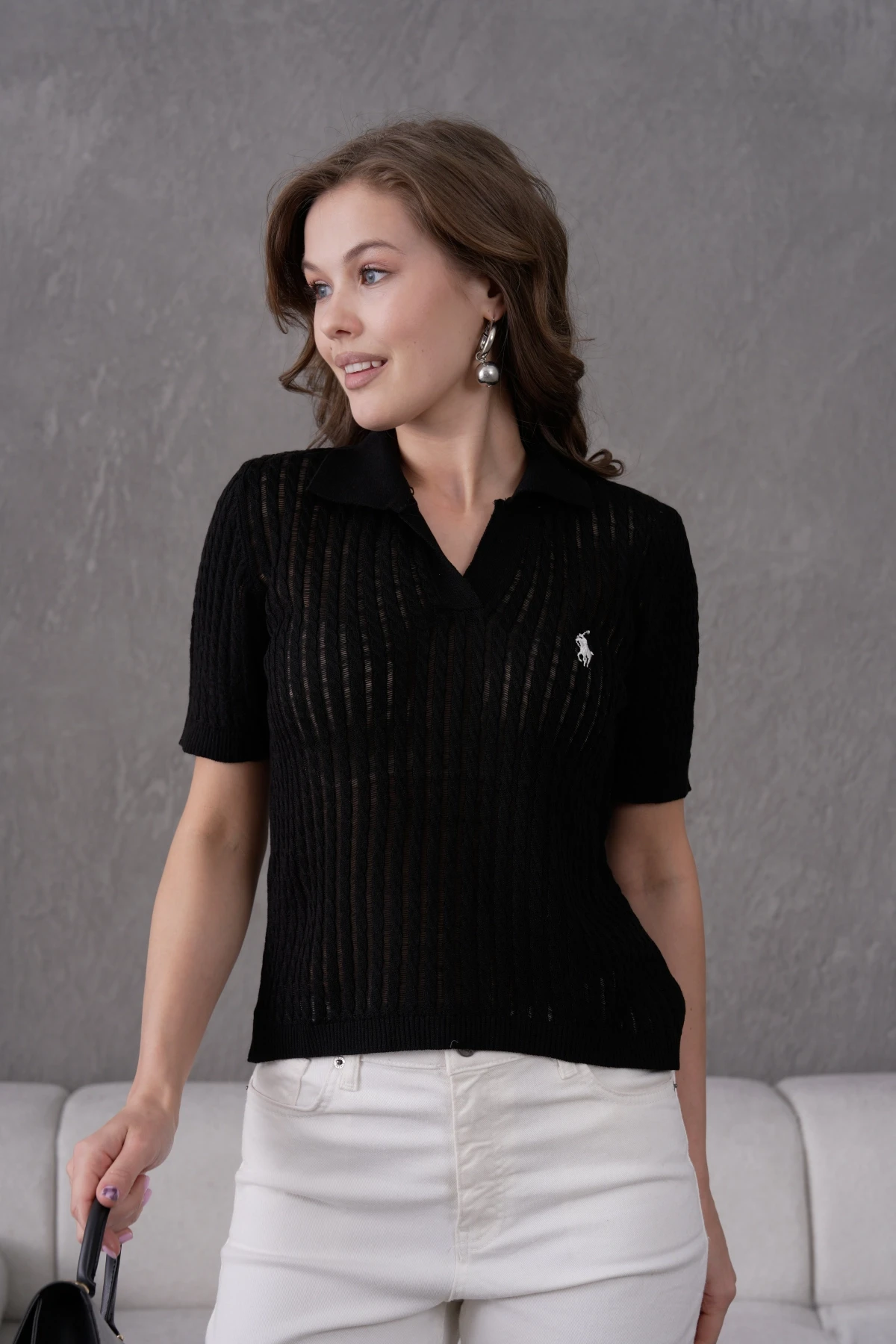 Kadın Polo Yaka Yarım Pat Düğme Kapama Ajurlu Kısa Kol Triko Kazak 10645