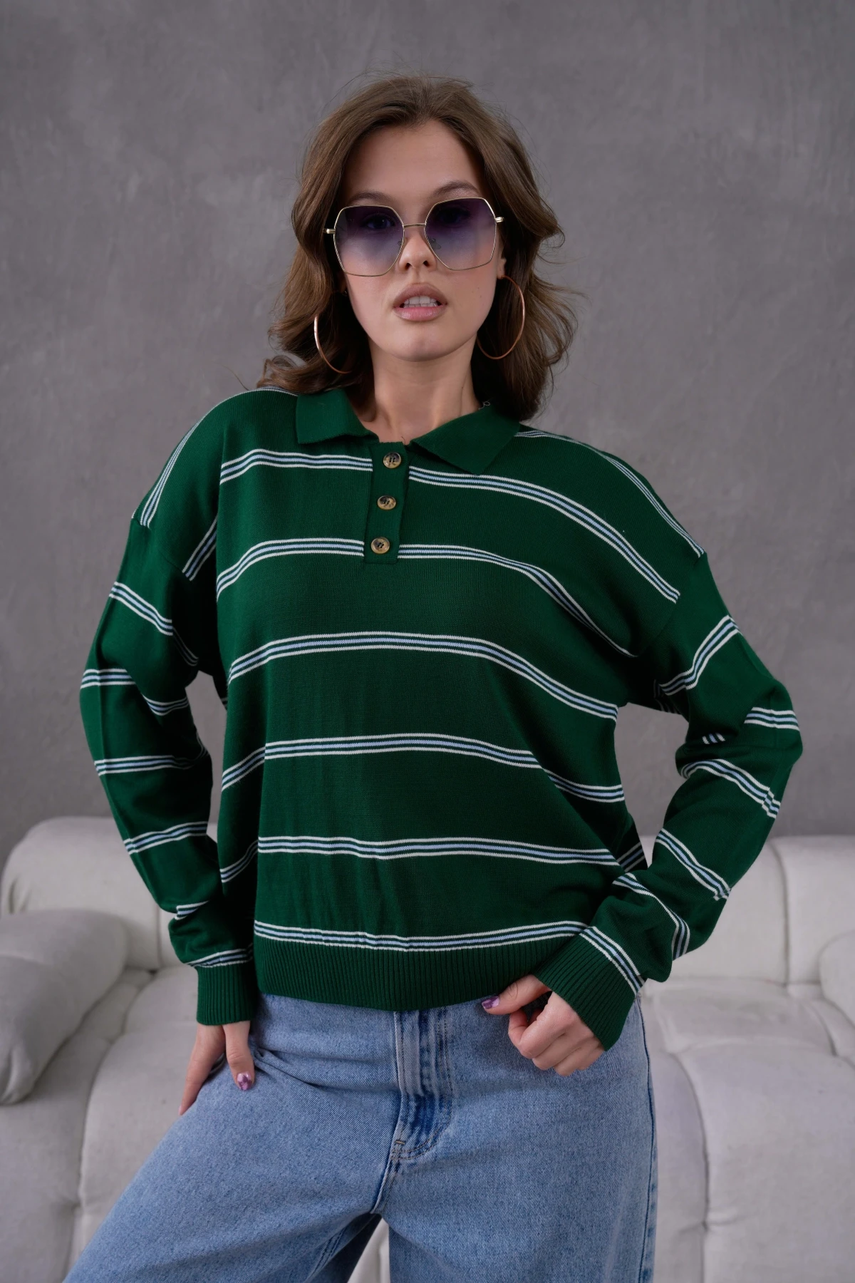Kadın Polo Yaka Yarım Pat Düğme Kapama Çizgili Triko Kazak