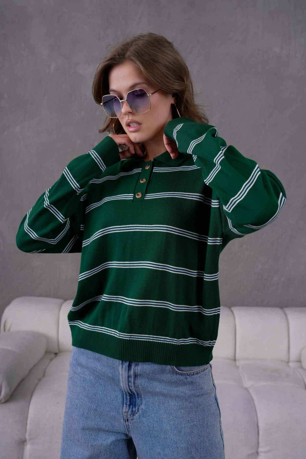 Kadın Polo Yaka Yarım Pat Düğme Kapama Çizgili Triko Kazak