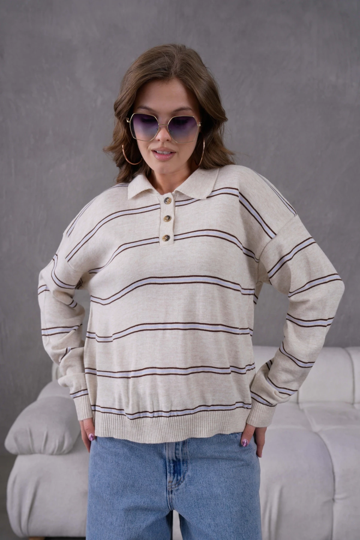 Kadın Polo Yaka Yarım Pat Düğme Kapama Çizgili Triko Kazak
