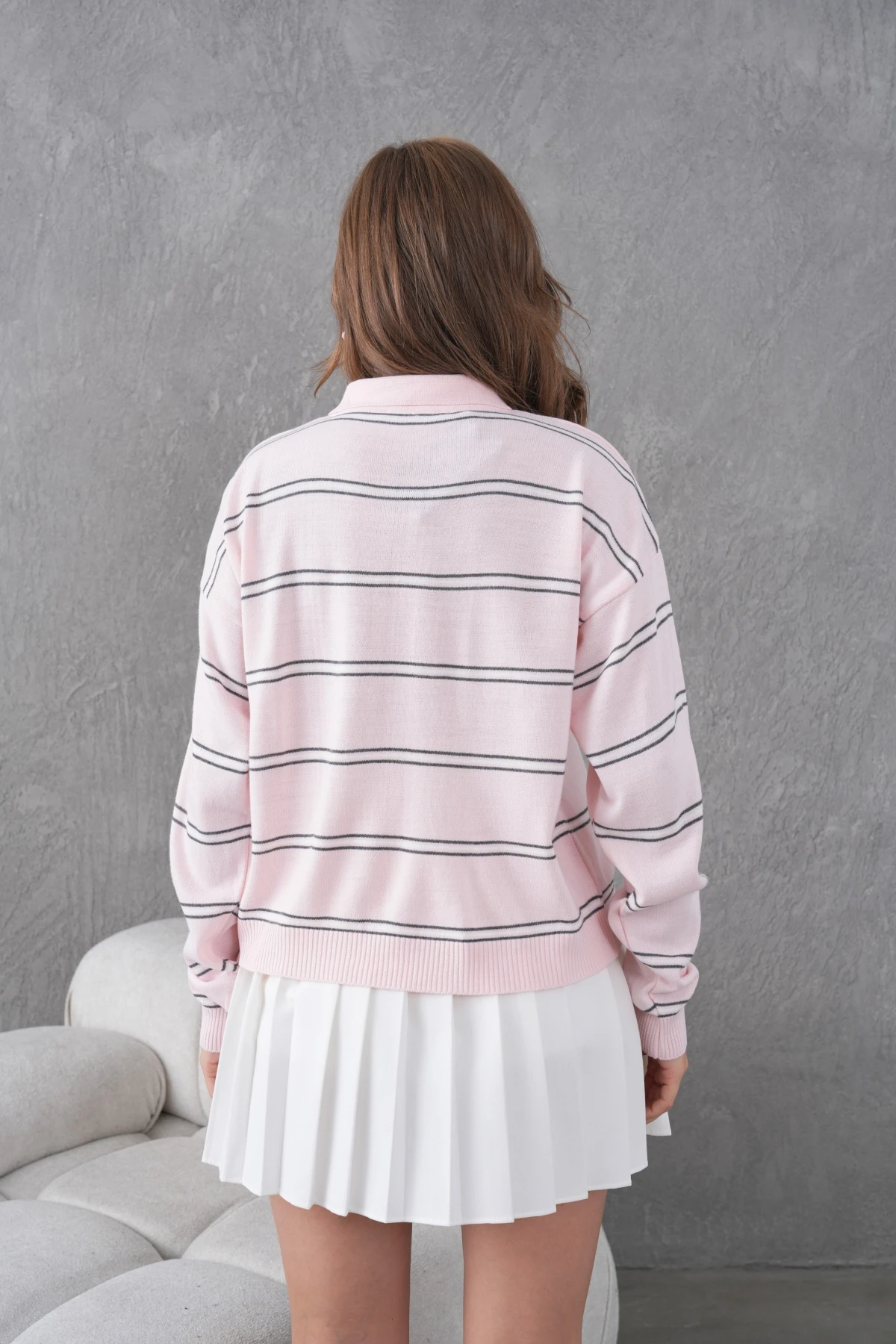 Kadın Polo Yaka Yarım Pat Düğme Kapama Çizgili Triko Kazak