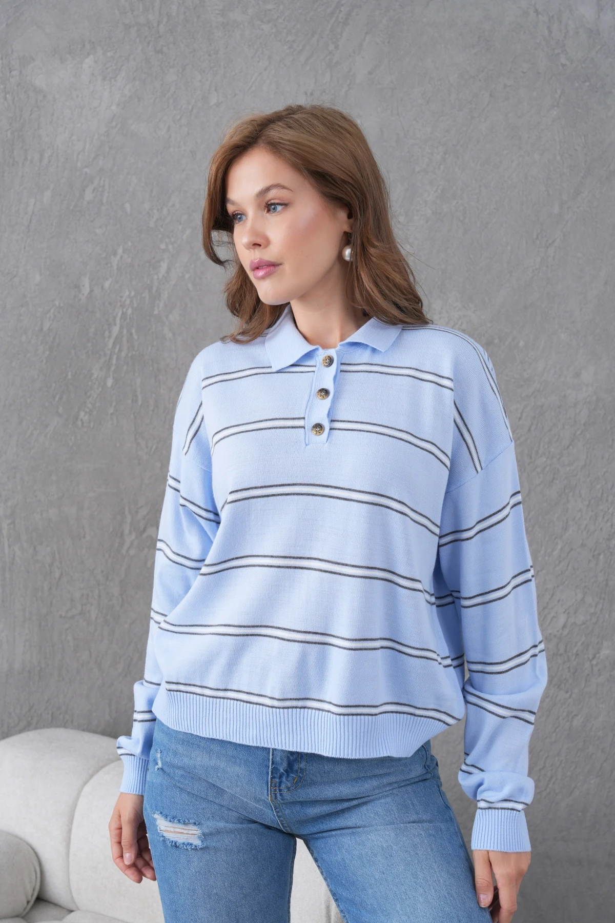 Kadın Polo Yaka Yarım Pat Düğme Kapama Çizgili Triko Kazak