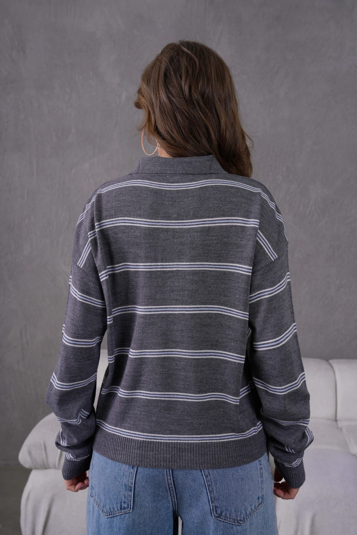 Kadın Polo Yaka Yarım Pat Düğme Kapama Çizgili Triko Kazak