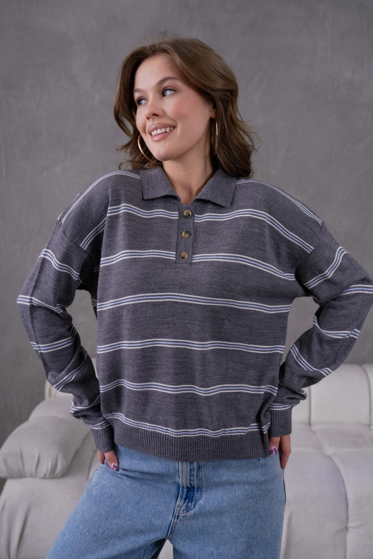 Kadın Polo Yaka Yarım Pat Düğme Kapama Çizgili Triko Kazak