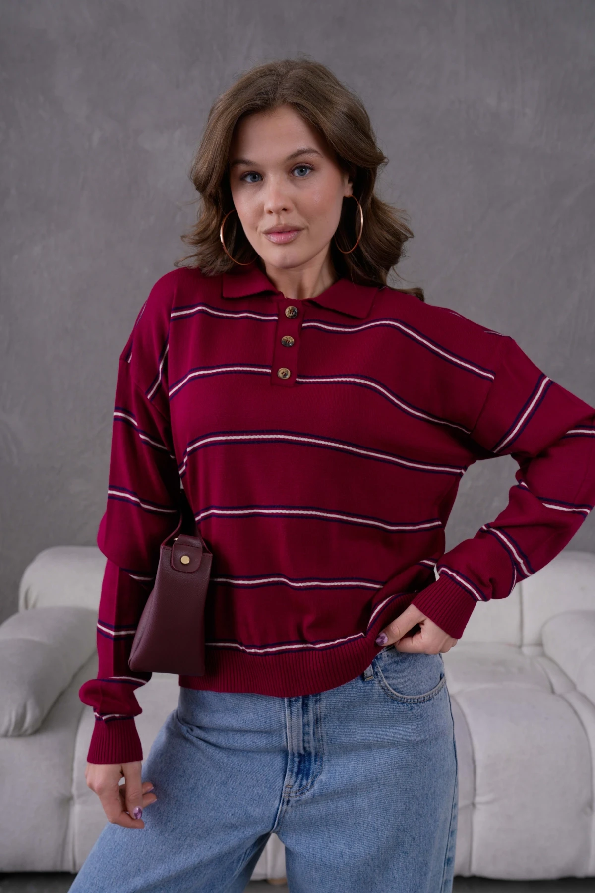 Kadın Polo Yaka Yarım Pat Düğme Kapama Çizgili Triko Kazak