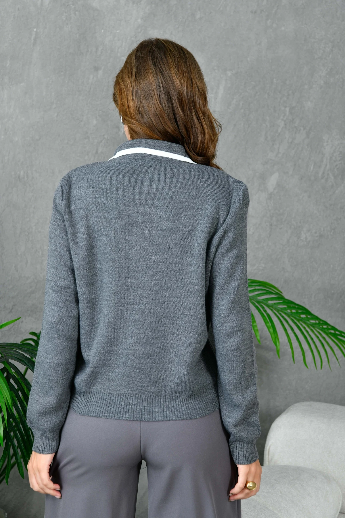 Kadın Polo Yaka Yarım Pat Fermuar Kapama Basic Triko Kazak