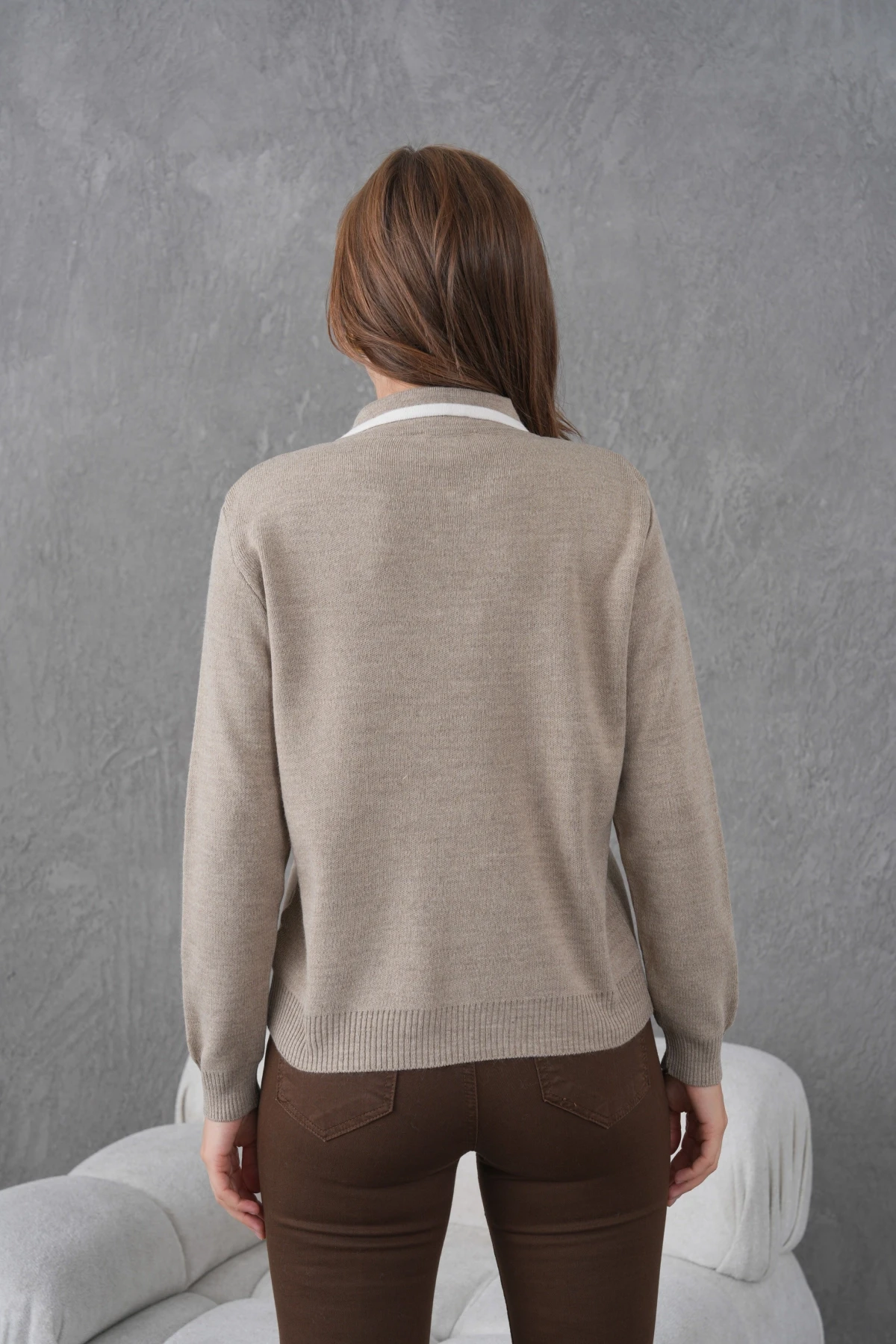 Kadın Polo Yaka Yarım Pat Fermuar Kapama Basic Triko Kazak