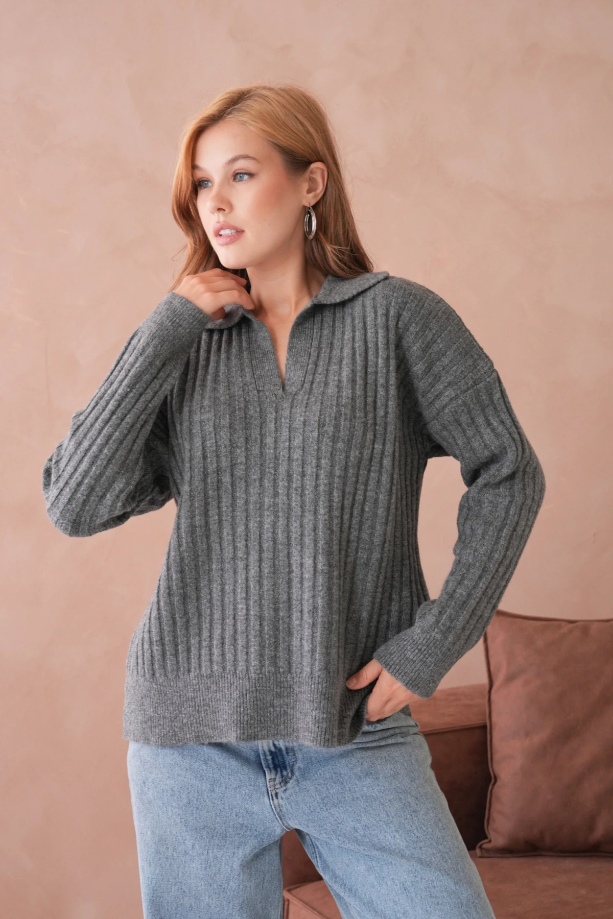 Kadın Polo Yaka Yarım Pat Kaşkorse Oversize Triko Kazak