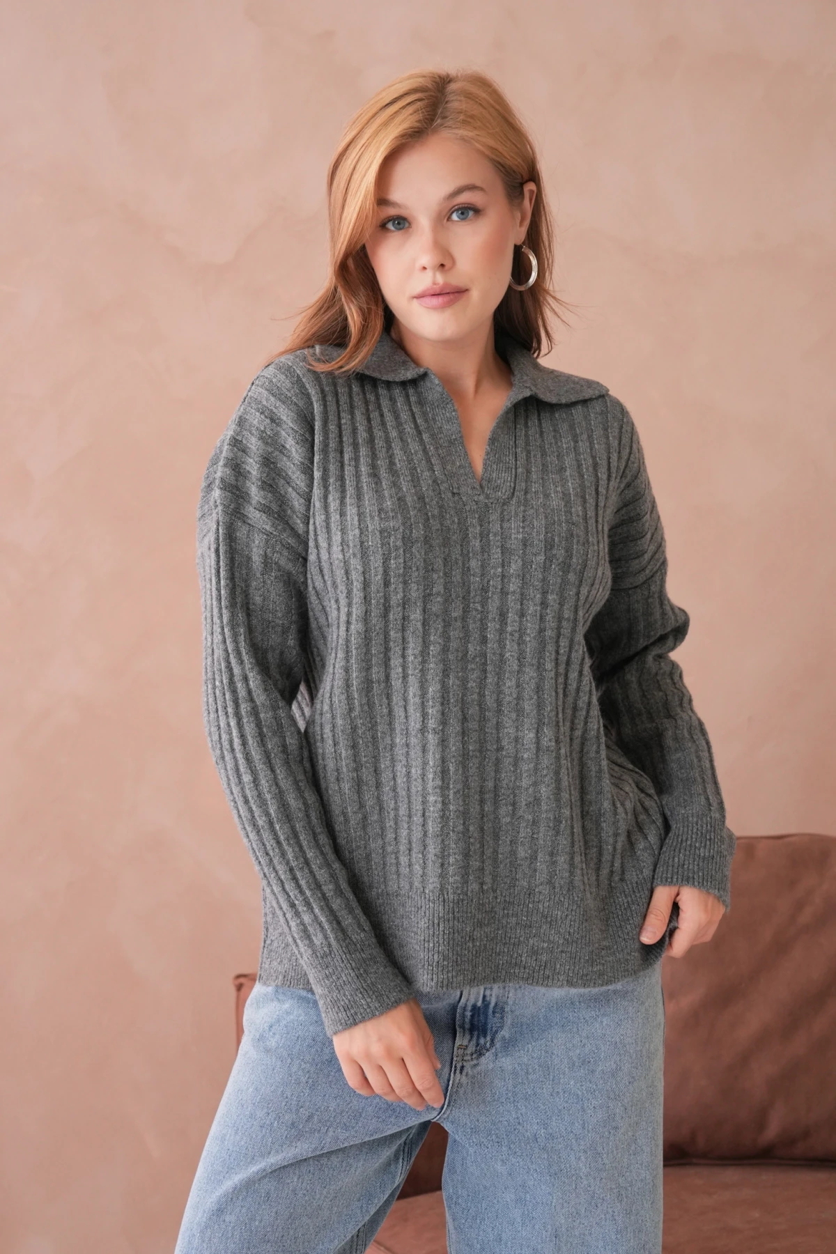 Kadın Polo Yaka Yarım Pat Kaşkorse Oversize Triko Kazak