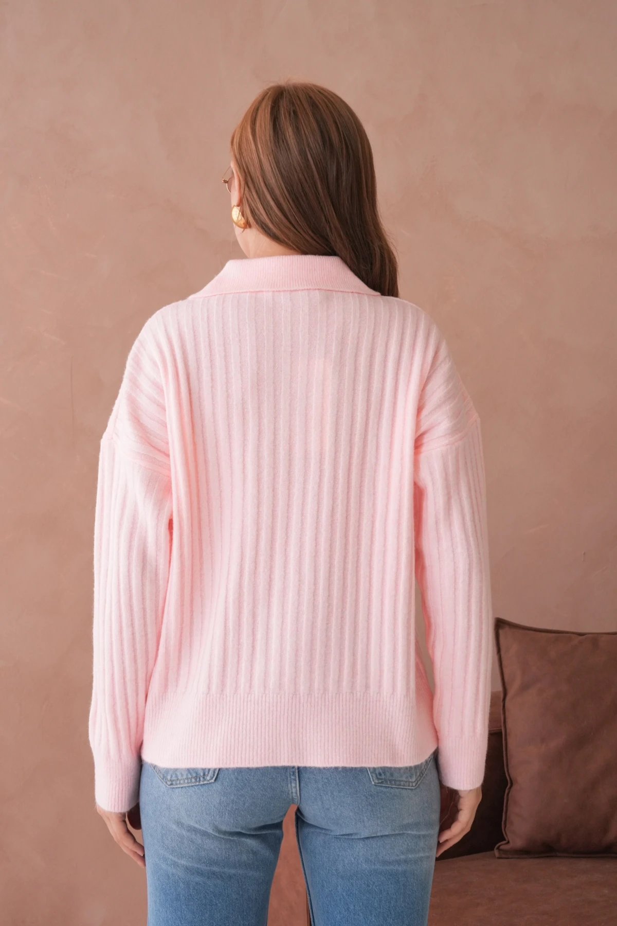 Kadın Polo Yaka Yarım Pat Kaşkorse Oversize Triko Kazak