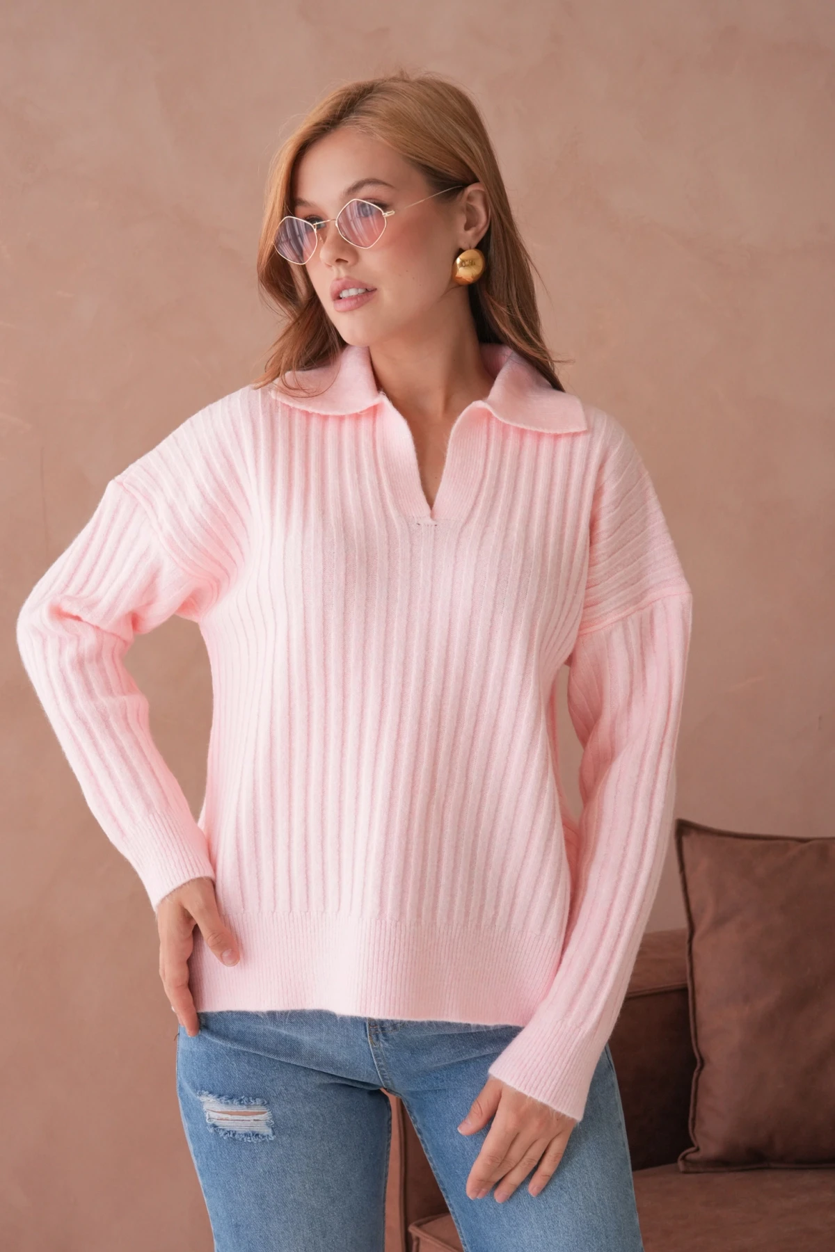 Kadın Polo Yaka Yarım Pat Kaşkorse Oversize Triko Kazak