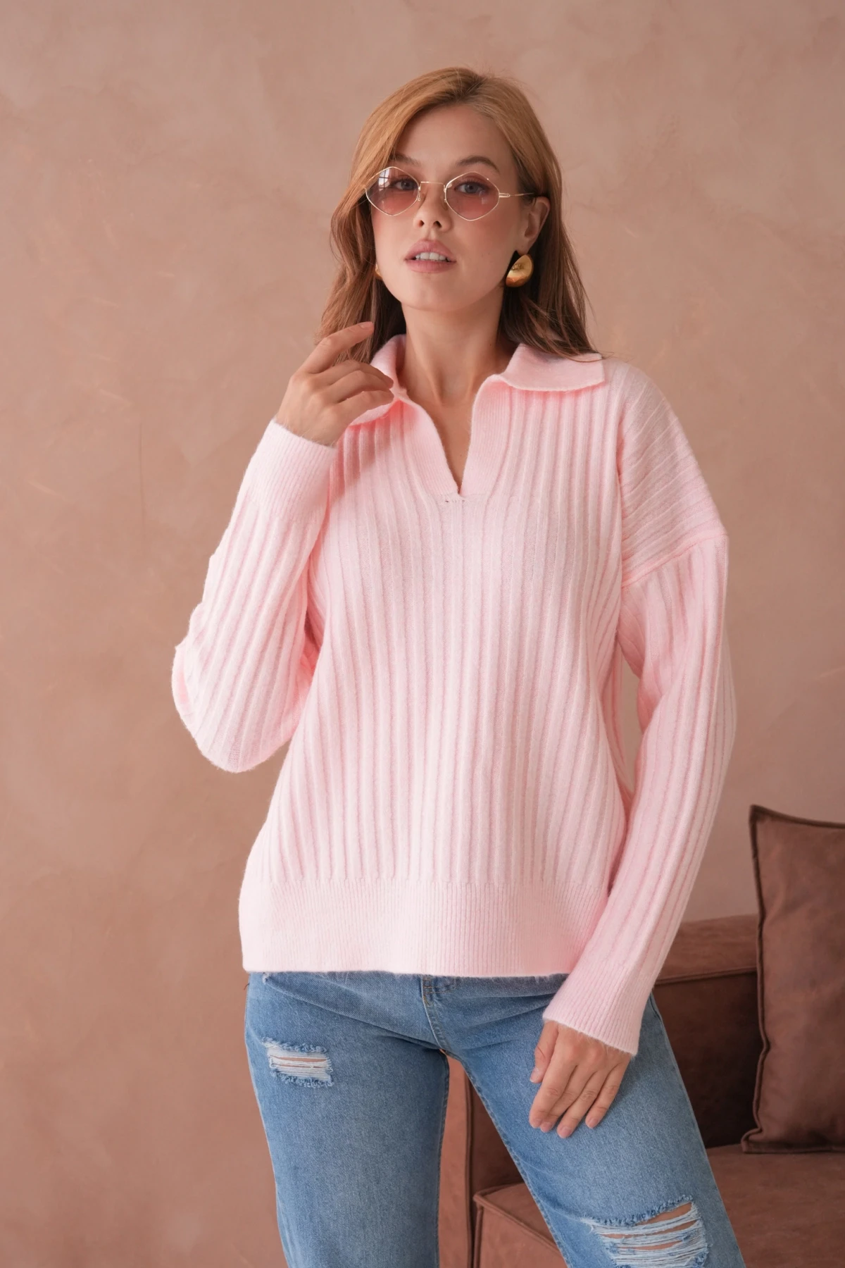 Kadın Polo Yaka Yarım Pat Kaşkorse Oversize Triko Kazak