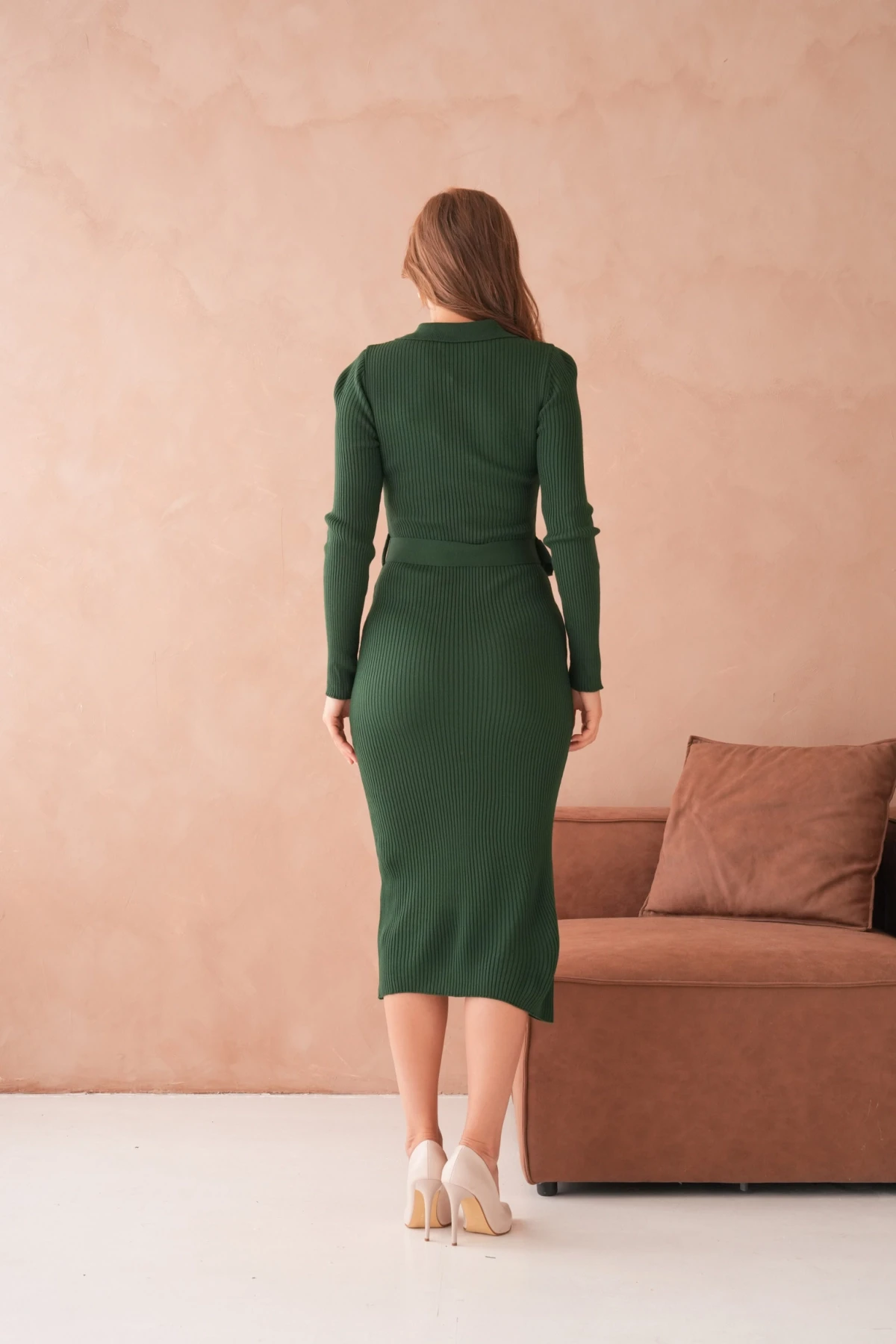 Kadın Polo Yaka Yarım Pat Kumaş Düğme Detay Kemerli Kaşkorse Triko Elbise