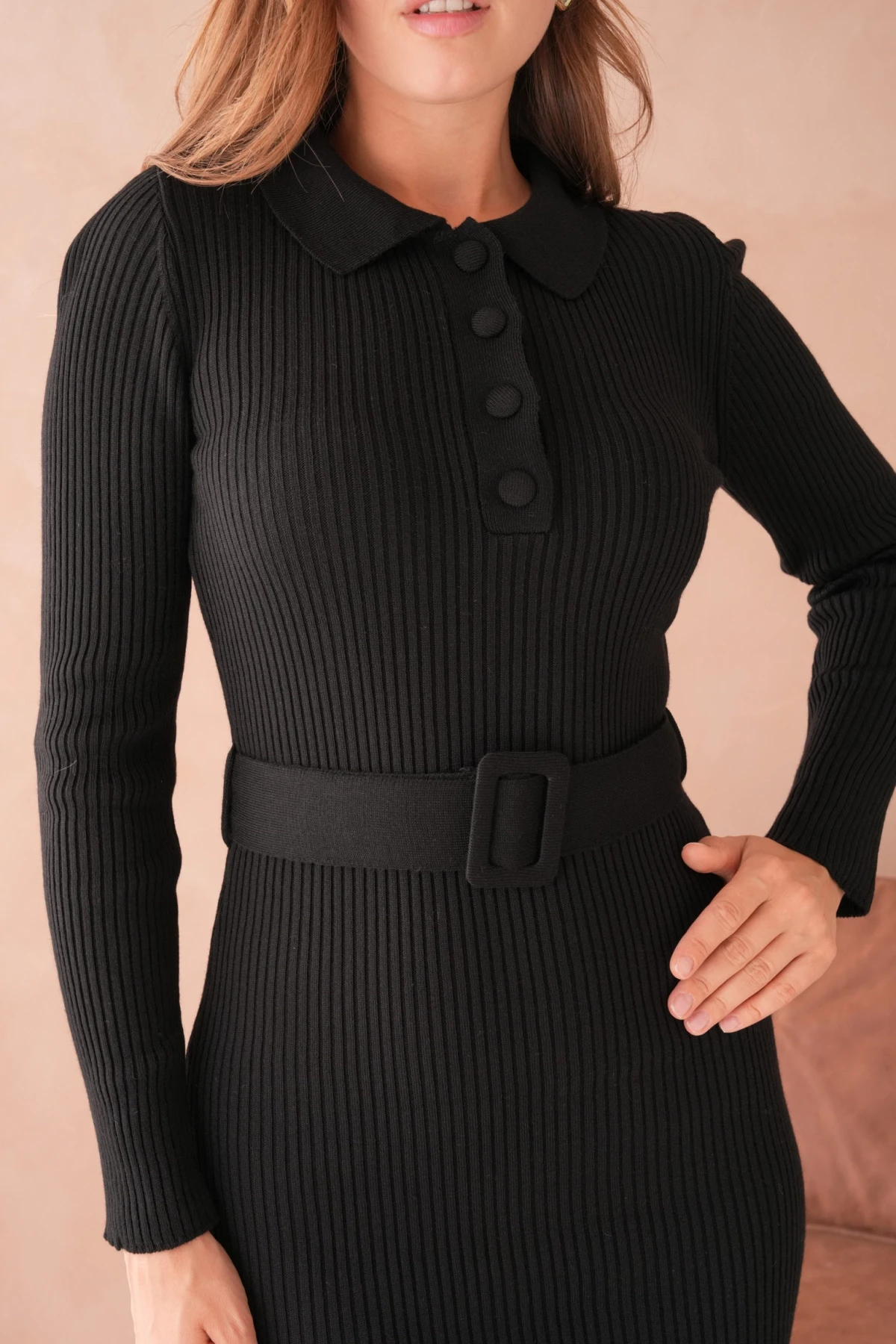 Kadın Polo Yaka Yarım Pat Kumaş Düğme Detay Kemerli Kaşkorse Triko Elbise