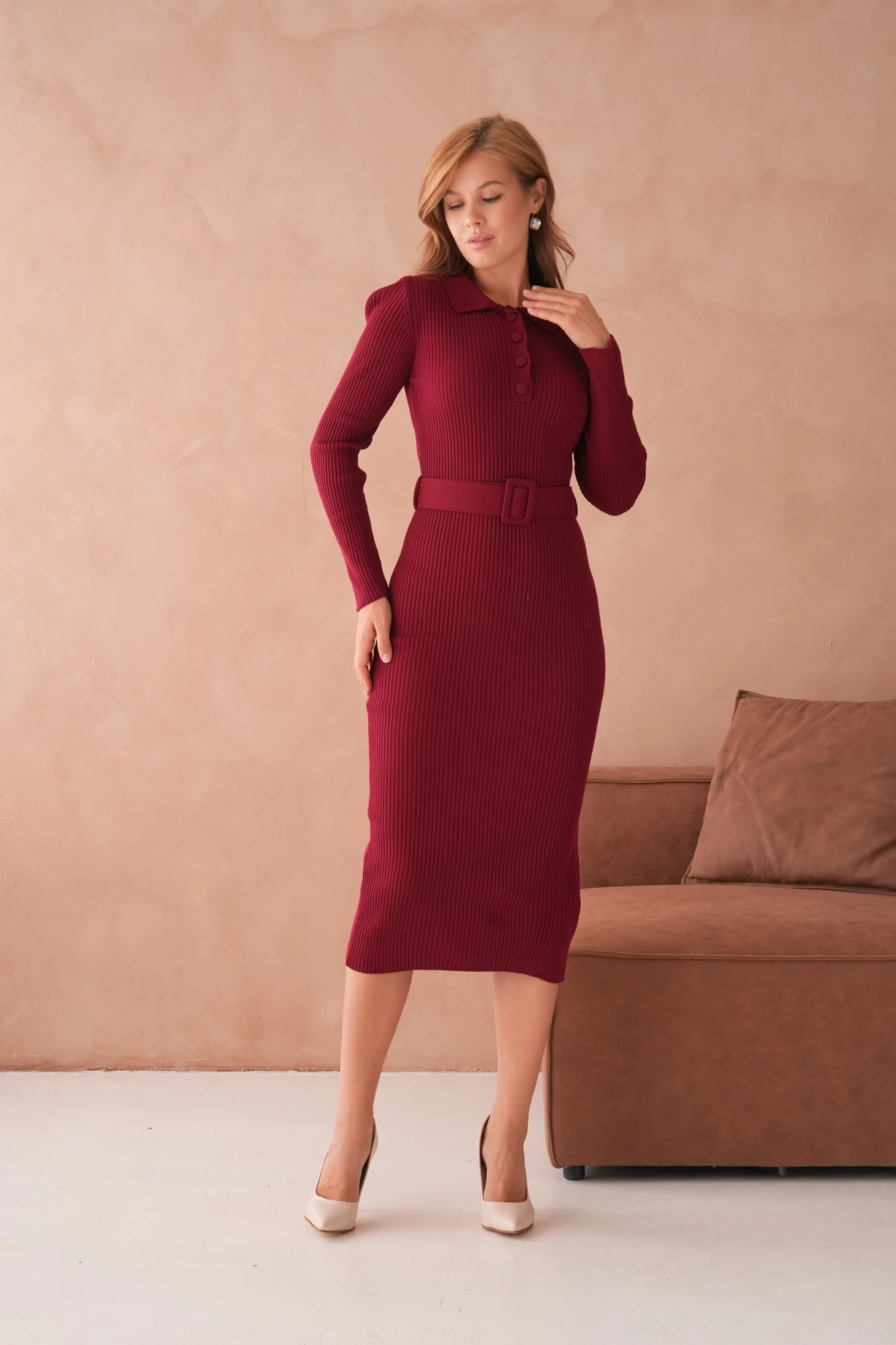 Kadın Polo Yaka Yarım Pat Kumaş Düğme Detay Kemerli Kaşkorse Triko Elbise