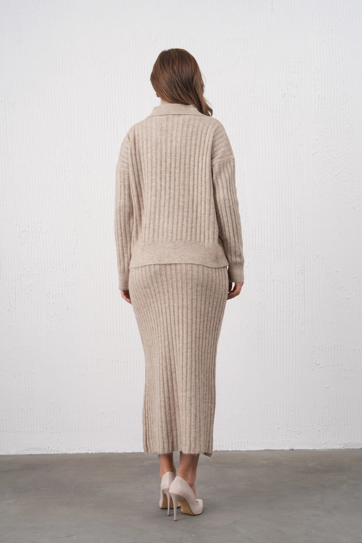 Kadın Polo Yaka Yarım Pat Örgü Detay Kazak Etek İkili Triko Takım