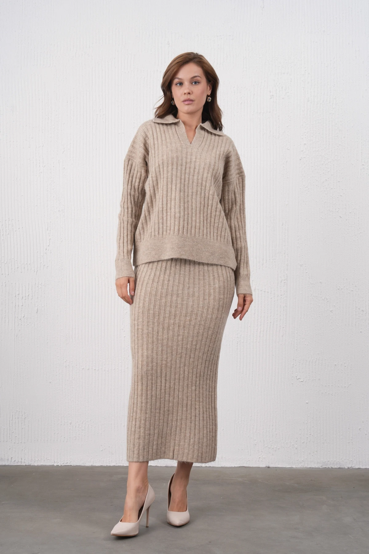 Kadın Polo Yaka Yarım Pat Örgü Detay Kazak Etek İkili Triko Takım