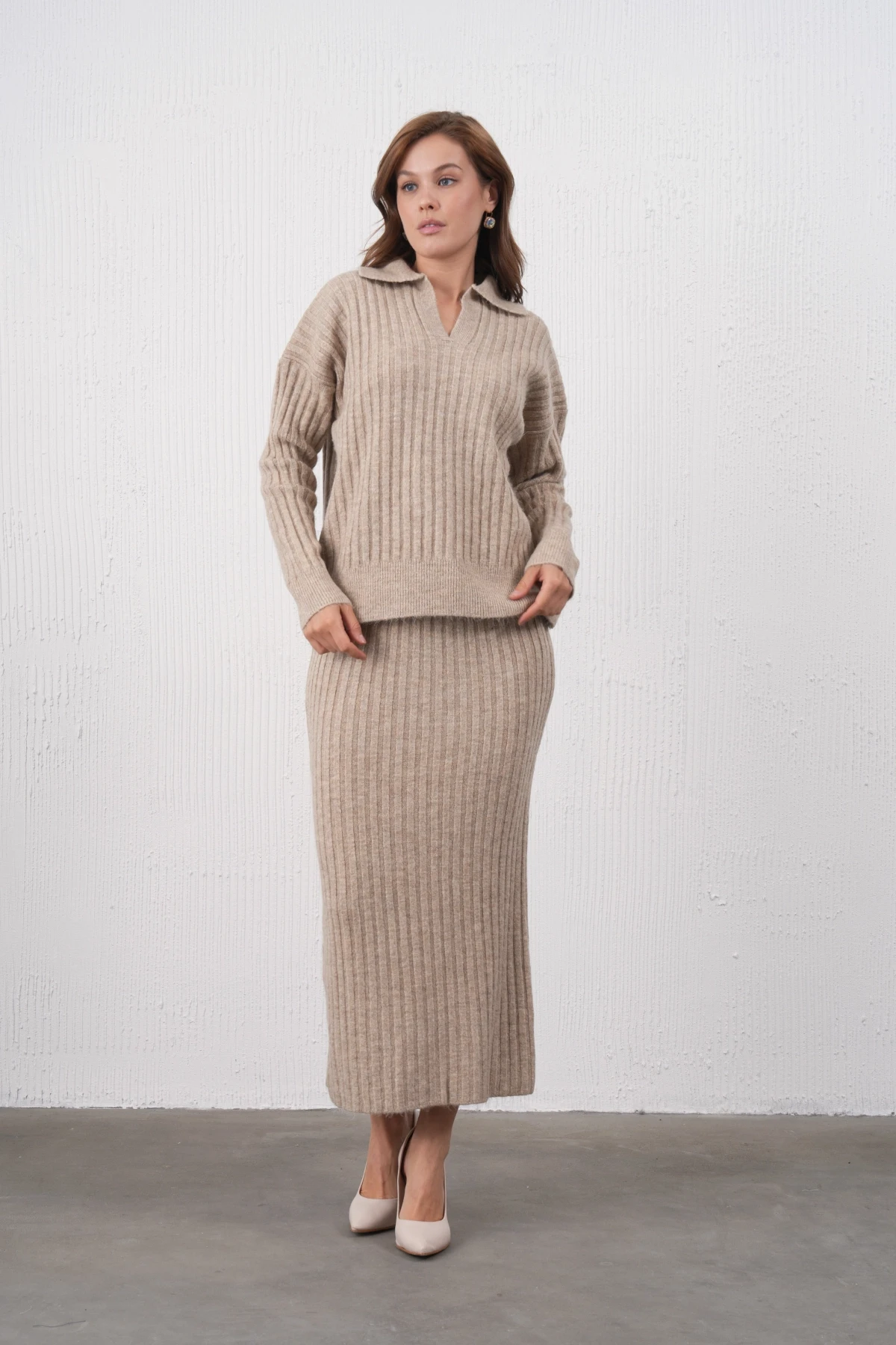 Kadın Polo Yaka Yarım Pat Örgü Detay Kazak Etek İkili Triko Takım