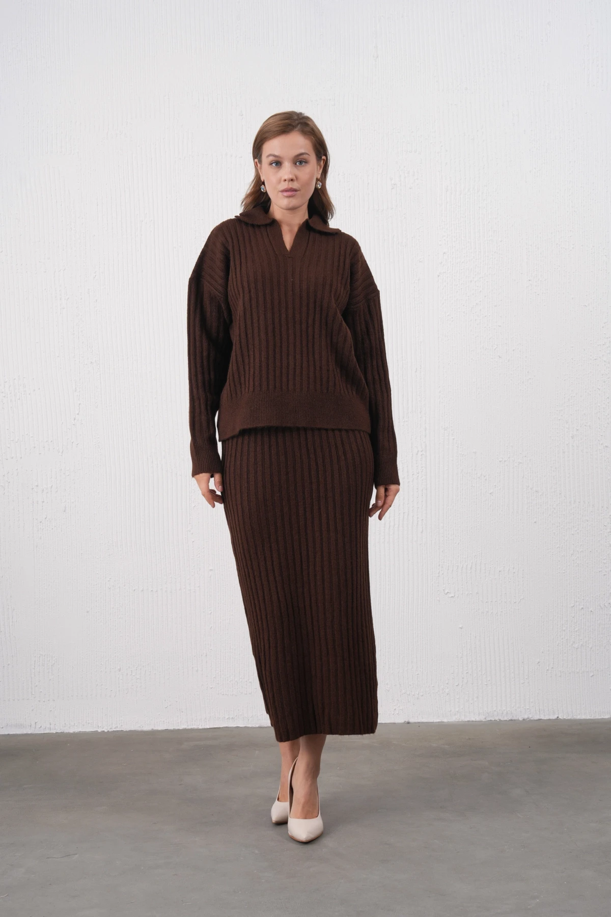 Kadın Polo Yaka Yarım Pat Örgü Detay Kazak Etek İkili Triko Takım